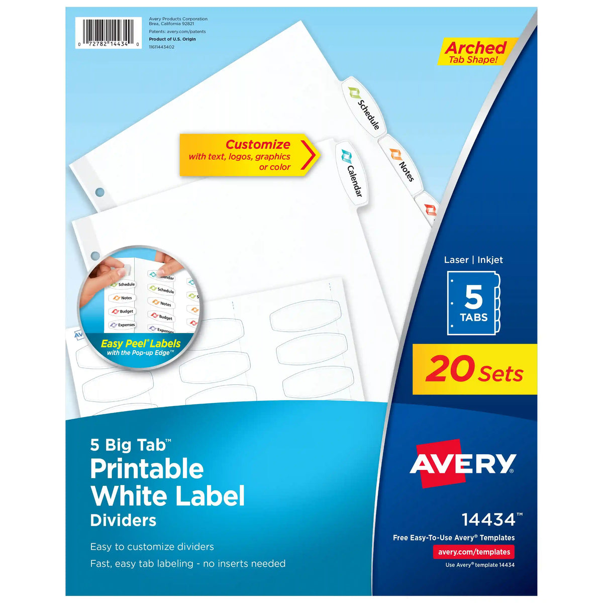 Avery® Big Tab™ Printable White Label Dividers, Easy Peel Labels®, 5 Tabs per Set, White (20 Sets of 14434)