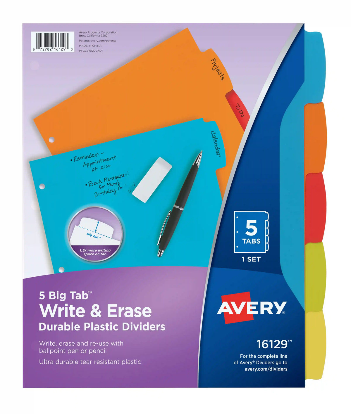 Avery® Big Tab™ Write & Erase Durable Plastic Dividers, 5-Tab Set, Multicolor