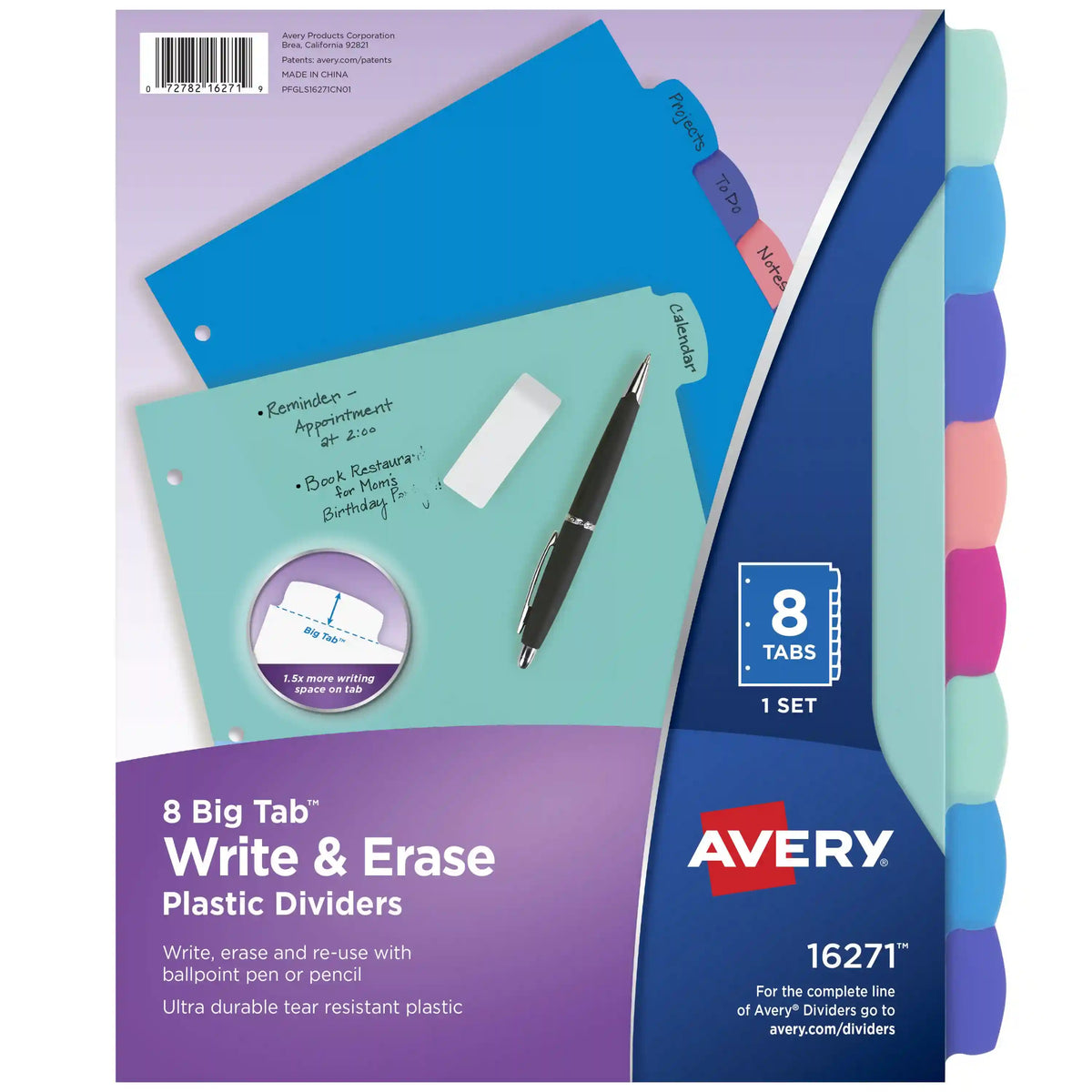 Avery® Big Tab™ Write & Erase Durable Plastic Dividers, 8-Tab Set, Pastel Brights