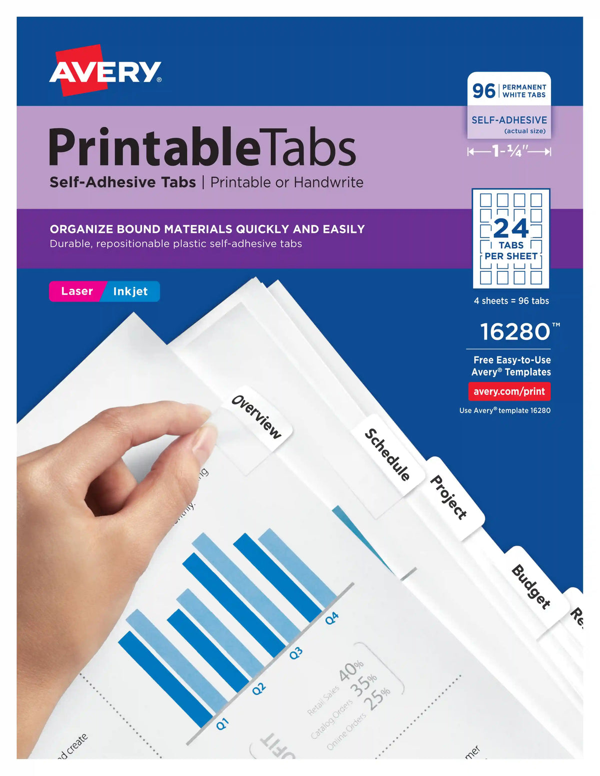 Avery® Printable Tabs, Plastic Self-Adhesive, Repositionable, 1-1/4" White, 96 Tabs