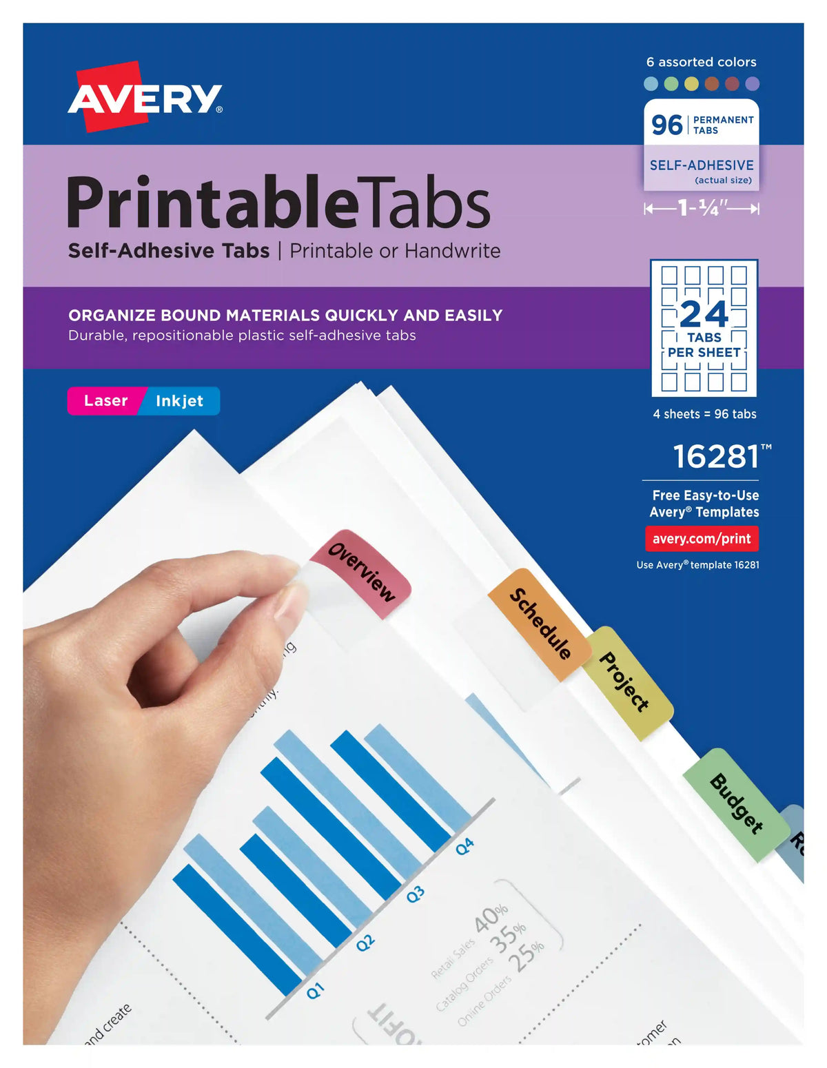 Avery® Printable Tabs, Plastic, Self-Adhesive, Repositionable, 1-1/4" Assorted Colors, 96 Tabs