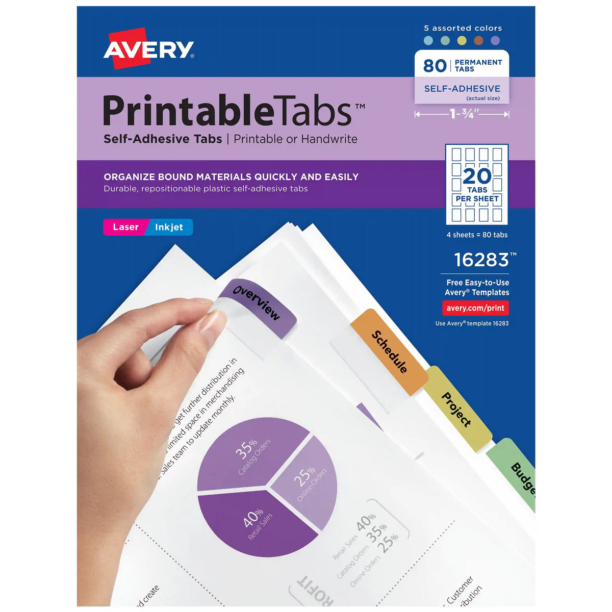 Avery® Printable Tabs, Plastic, Self-Adhesive, Repositionable, 1-3/4" Assorted Colors, 80 Tabs
