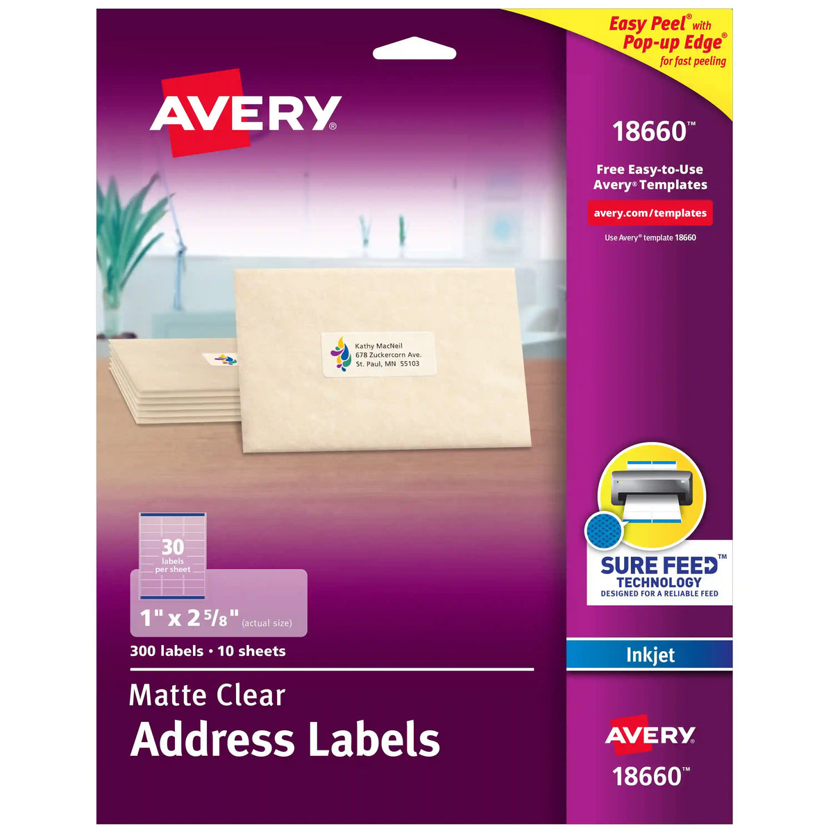 Avery® Address Labels with Sure Feed®, 1" x 2-5/8", Matte Clear, Inkjet Printer Compatible, 300 Labels Total