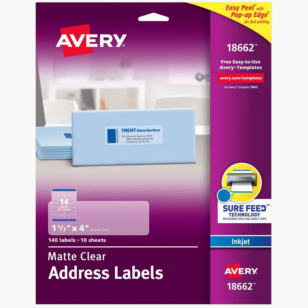 Avery® Address Labels with Sure Feed®, 1-1/3" x 4", Matte Clear, Permanent, Inkjet Printers, 140 Labels
