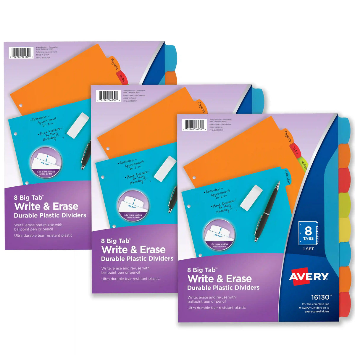 Big Tab™ Write & Erase Durable Plastic Dividers, 8-Tab Set, Handwrite Only, Multicolor Brights, 3 Sets