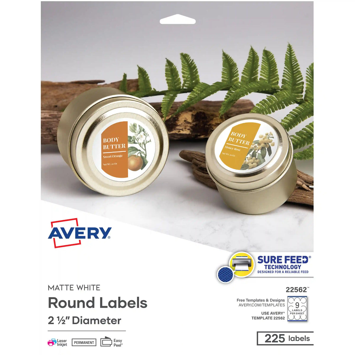 Avery® 2-1/2" Diameter Round Labels with Sure Feed™, Permanent Adhesive, Matte White, 225 Labels