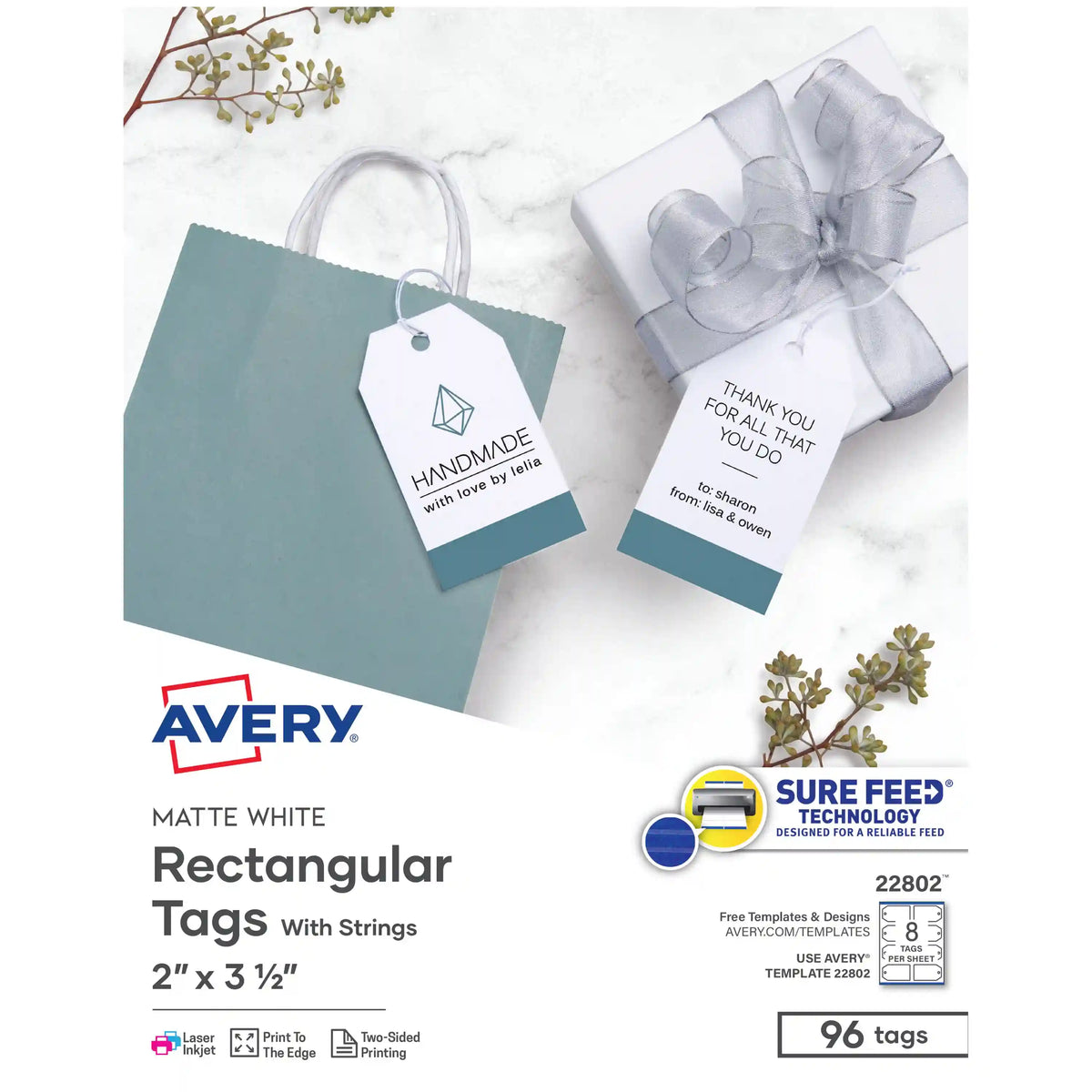 Avery® Rectangular Tags with Sure Feed®, 2" x 3-1/2", White, 96 Printable Tags with String