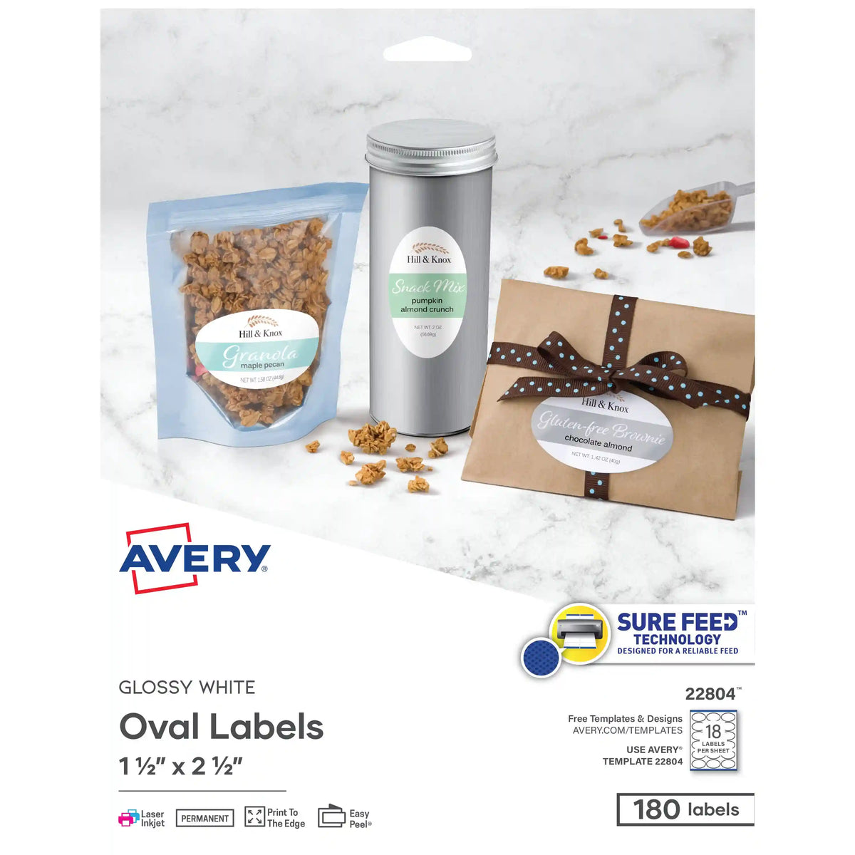 Avery® 1-1/2" x 2-1/2" Oval Labels with Sure Feed, 180 Labels, Permanent Adhesive, Glossy White