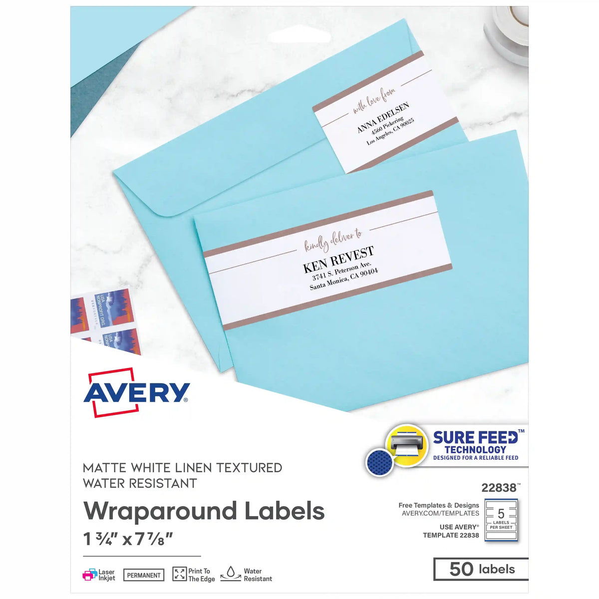 Avery® 7-17/20" x 1-3/4" Wraparound Rectangle Labels with Sure Feed™, 50 Labels, Permanent Adhesive, Textured White