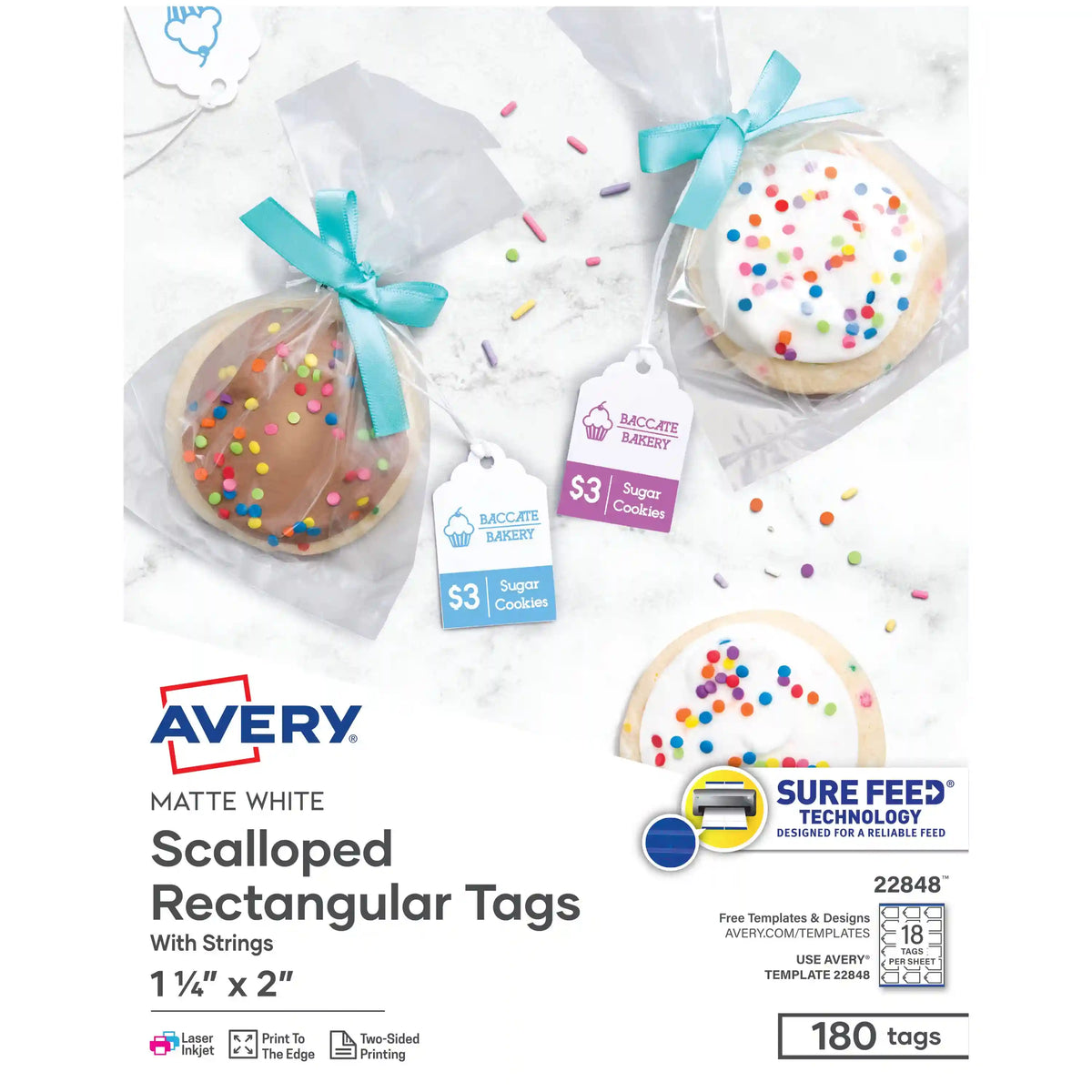 Avery® Scalloped Tags with Sure Feed®, 2" x 1-1/4", White, 180 Printable Tags with Strings