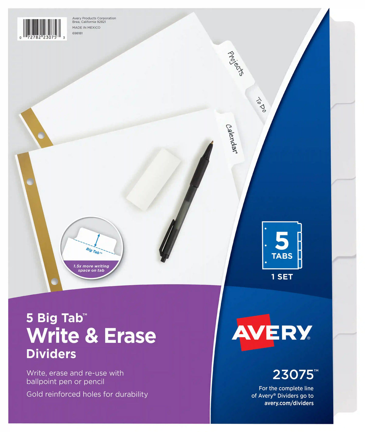 Avery® Big Tab™ Write & Erase Dividers for 3 Ring Binders, 5-Tab Set, 1 Binder Divider Set