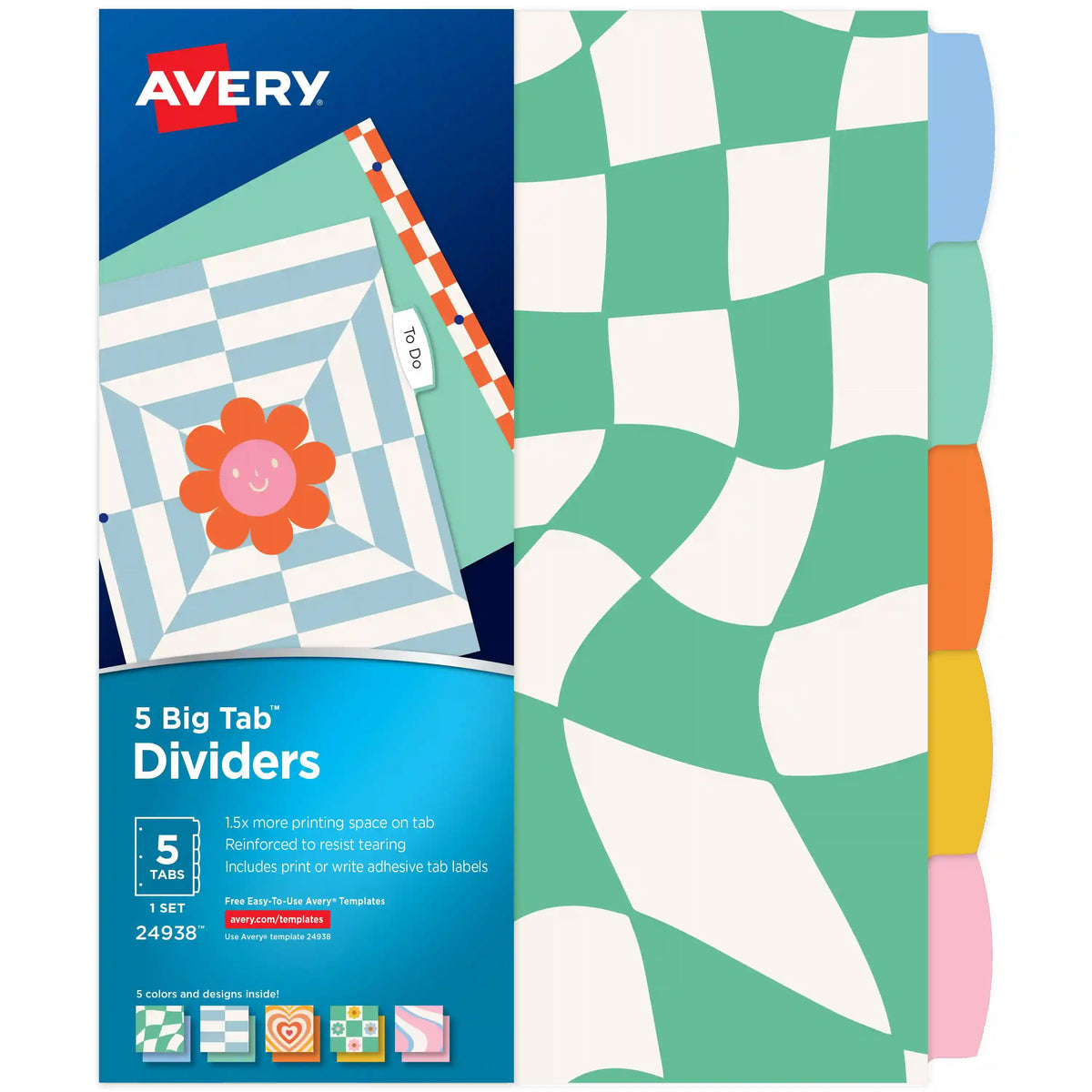 Avery® Big Tab™ Reversible Fashion Dividers for 3 Ring Binders, 5 Tab Set, Retro Pattern, 1 Set