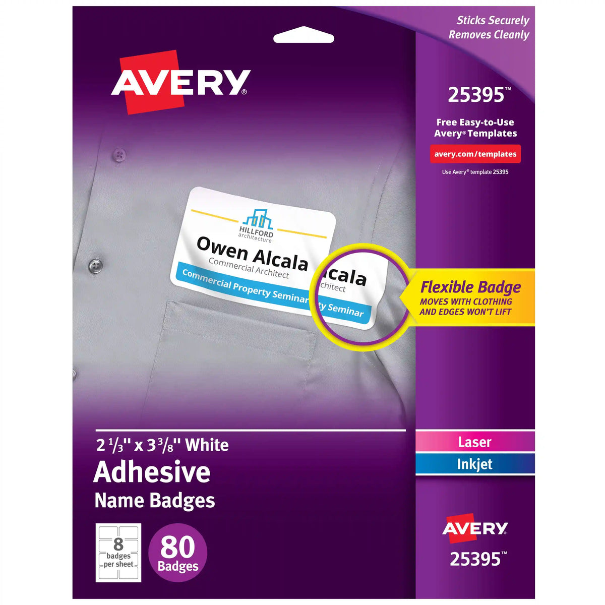 Avery® Flexible Name Badges, 2-1/3" x 3-3/8", Matte White, Removable, Laser & Inkjet Compatible, 80 Total