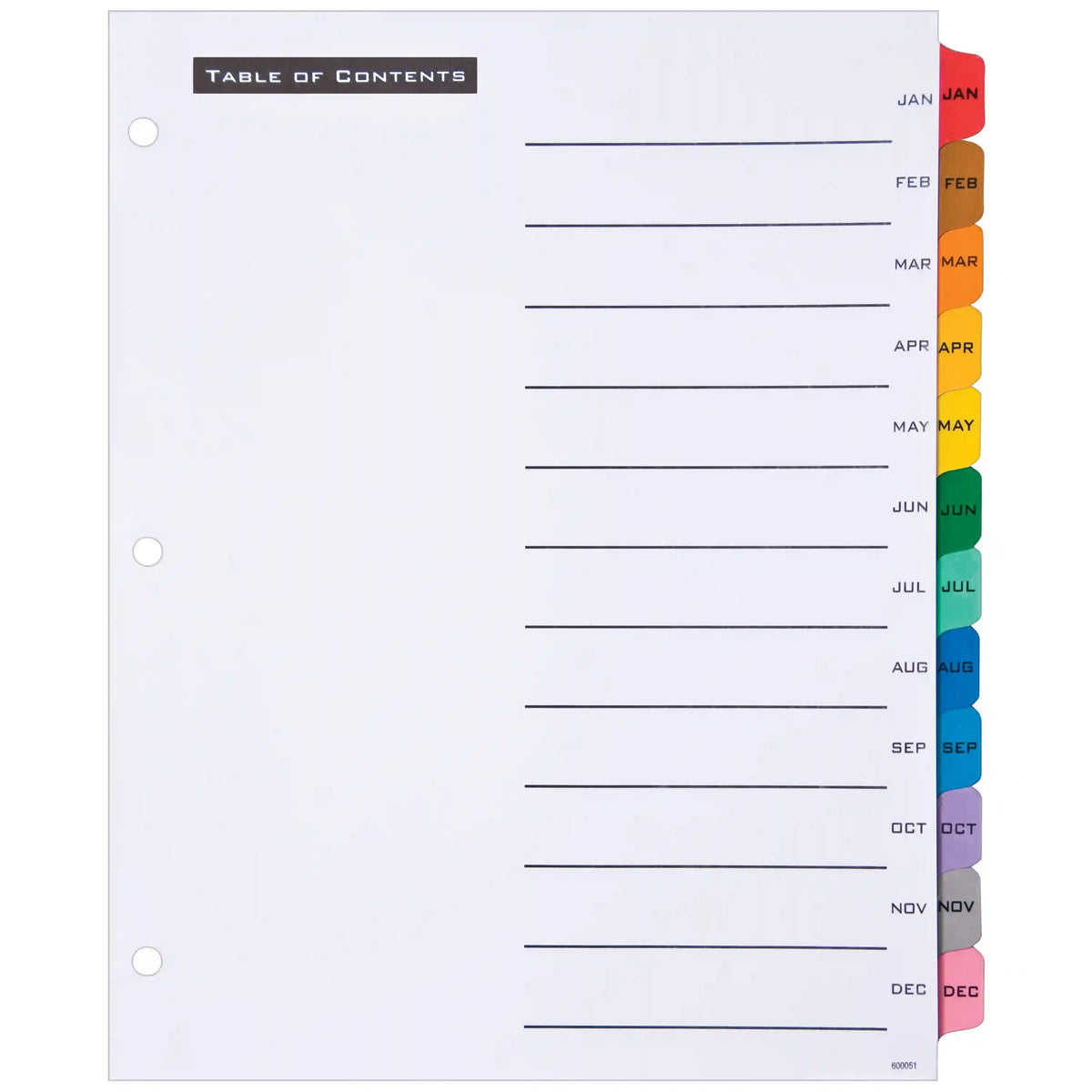 Office Essentials Table 'n Tabs Jan-Dec Dividers, 12-Tab Set, White Paper, Multicolored Tabs, 1 Binder Divider Set