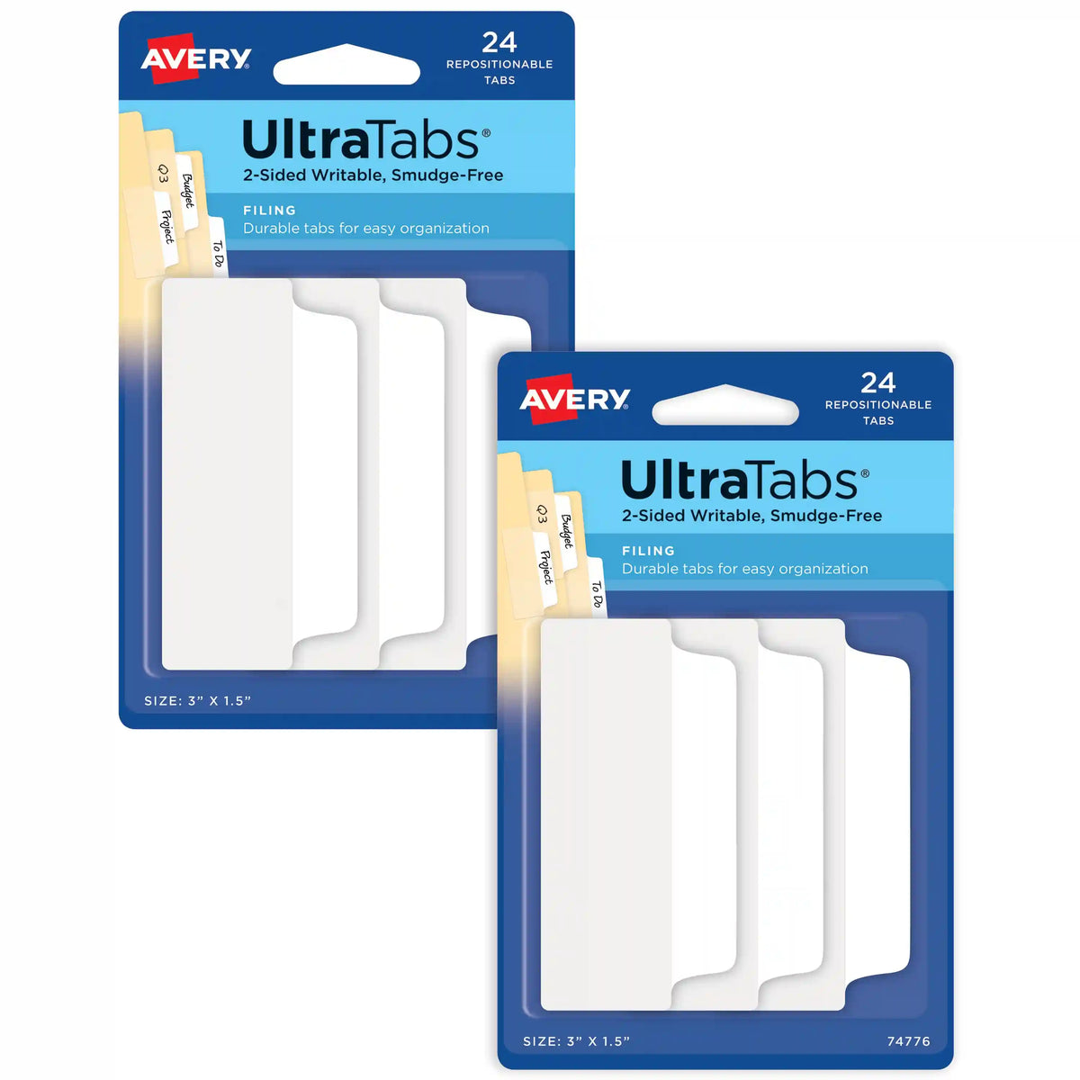 Avery® Ultra Tabs™, File Tabs, 3" x 1.5", 2-Side Writable, White, 24 Tabs Per Pack, 2-Pack, 48 Self Adhesive Tabs Total