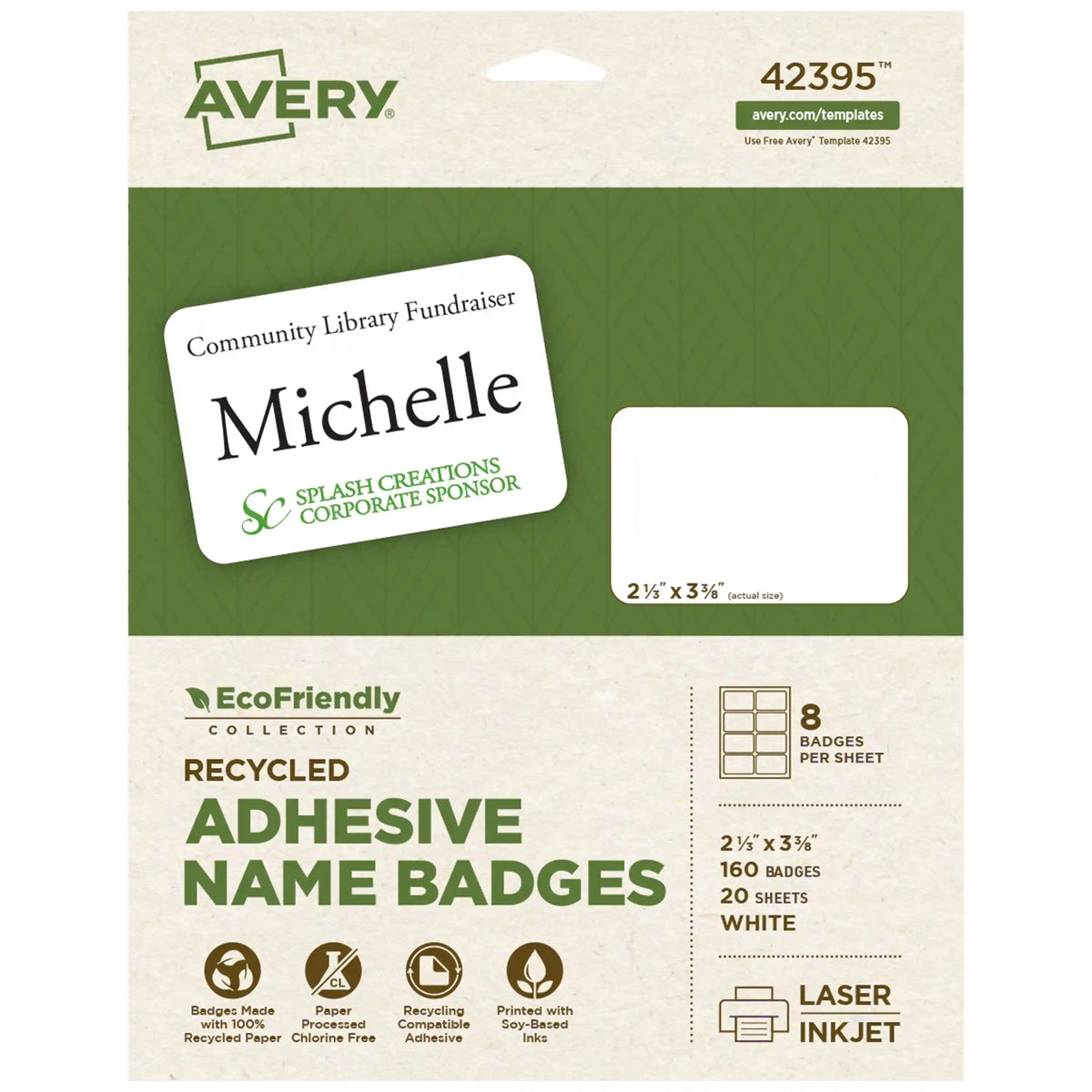 Avery® EcoFriendly Recycled Name Tags, 2-1/3" x 3-3/8", White, Removable, 160 Printable Name Badges