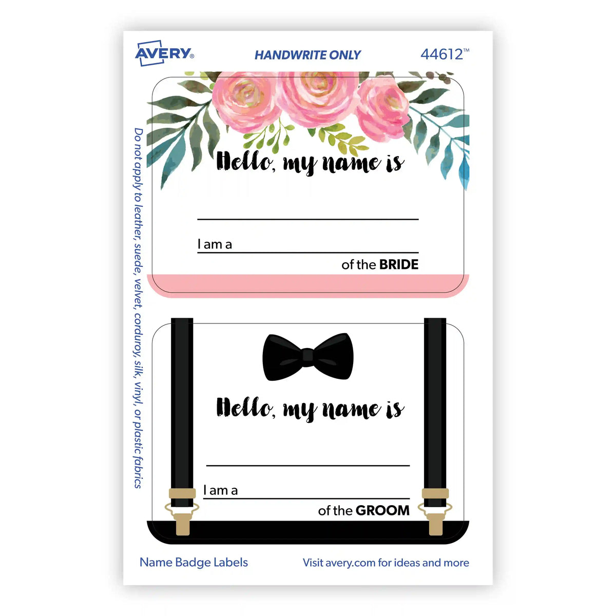 Avery® Adhesive Name Tags, Wedding Guest, Bride & Groom, 2-1/3" x 3-3/8", 36 Name Stickers