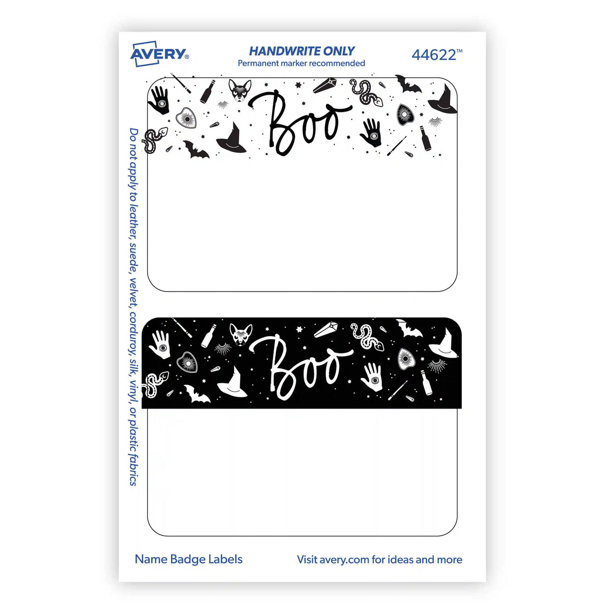 Avery® Halloween Boo Name Tags, Black Cat, Witches Hat, Bats, No Lift, No Curl, Handwrite Only, 36 Name Tags