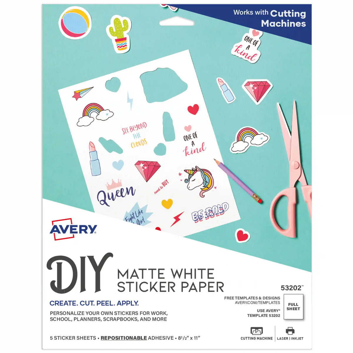 Avery Sticker Paper, 8-1/2" x 11", Matte White, Repositionable, Laser/Inkjet Compatible, 5 Full-Size Sheets