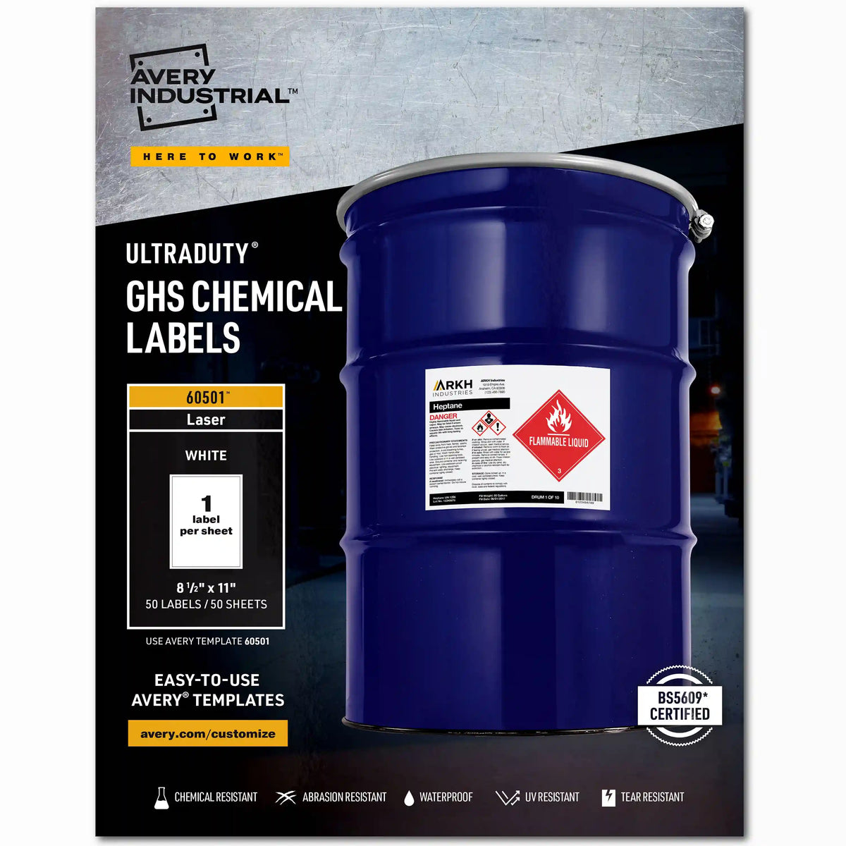 Avery® UltraDuty® GHS Chemical Labels for Laser Printers, Waterproof, UV Resistant, 8-1/2" x 11", 50 Labels