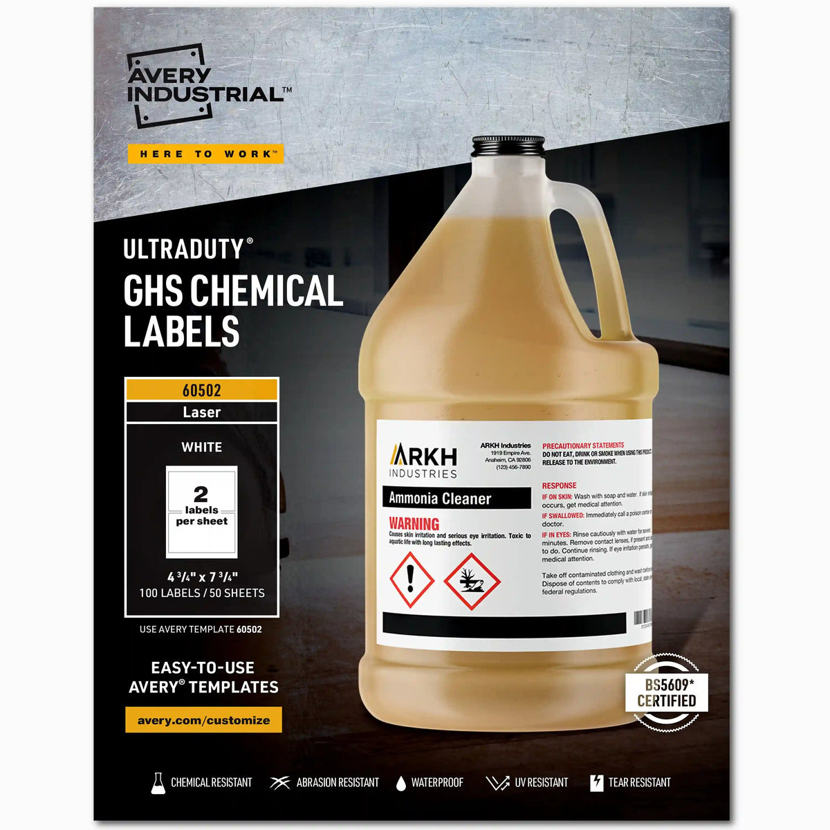 Avery® UltraDuty® GHS Chemical Labels for Laser Printers, Permanent Adhesive, Waterproof, UV Resistant, 4-3/4" x 7-3/4", 100 Labels