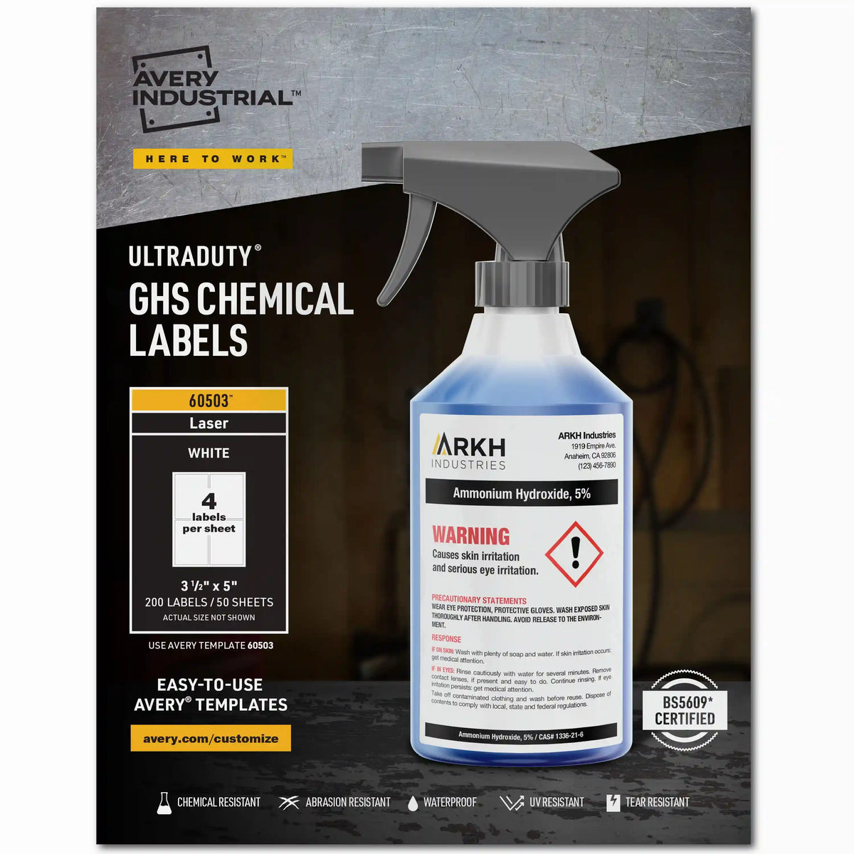 Avery® UltraDuty® GHS Chemical Labels for Laser Printers, Permanent Adhesive, Waterproof, UV Resistant, 3-1/2" x 5", 200  Labels