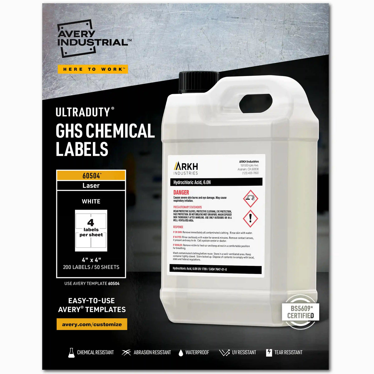 Avery® UltraDuty® GHS Chemical Labels for Laser Printers, Permanent Adhesive, Waterproof, UV Resistant, 4" x 4",  200  Labels