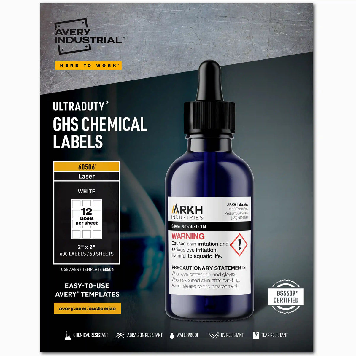 Avery® UltraDuty® GHS Chemical Labels for Laser Printers, Permanent Adhesive, Waterproof, UV Resistant, 2" x 2", 600 Labels