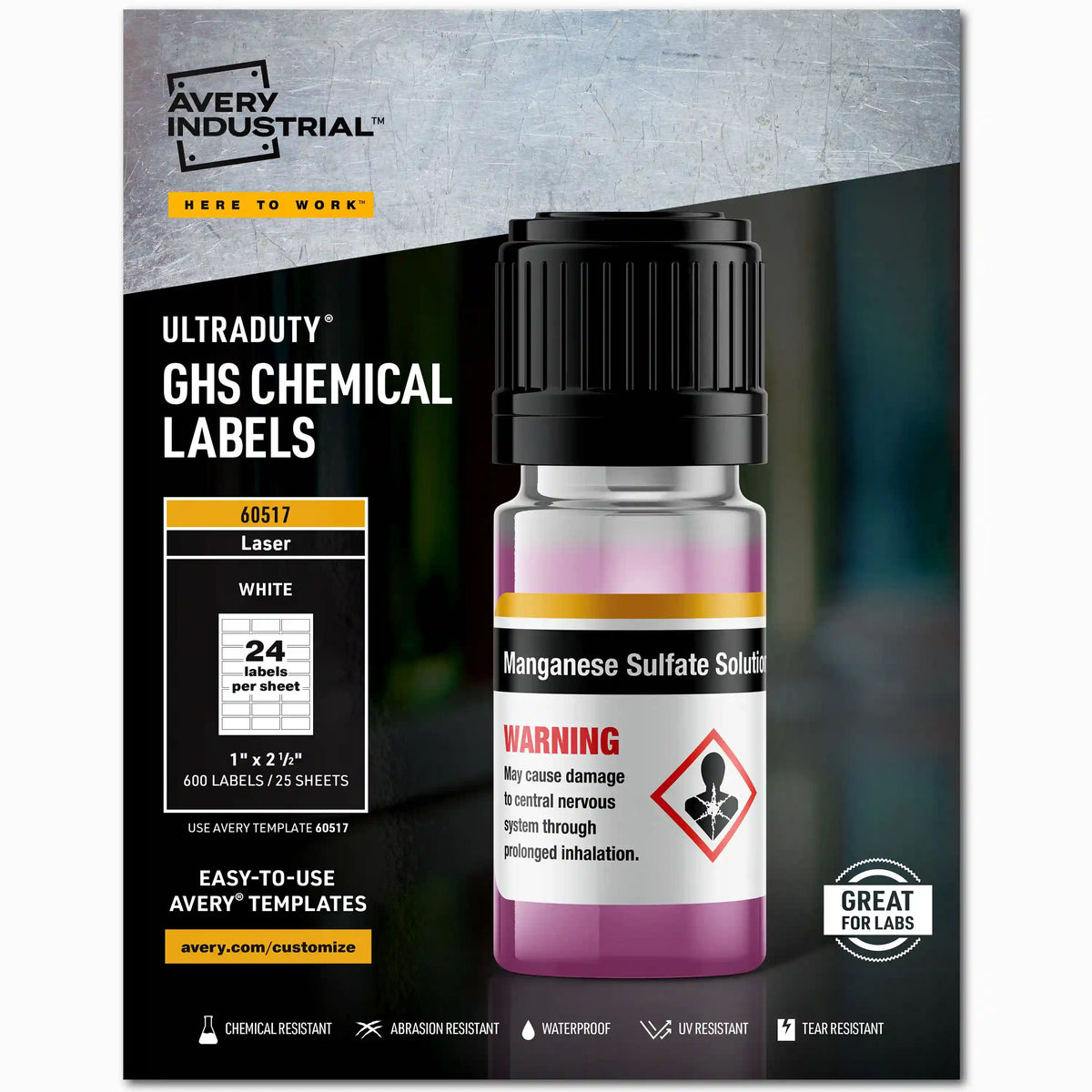 Avery® UltraDuty® GHS Chemical Labels for Laser Printers, Permanent Adhesive, Waterproof, UV Resistant, 1" x 2.5", 600 Labels