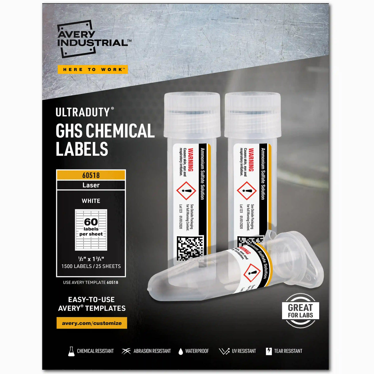 Avery® UltraDuty® GHS Chemical Labels for Laser Printers, Permanent Adhesive, Waterproof, UV Resistant, 0.5" x 1.75", 1,500 Labels