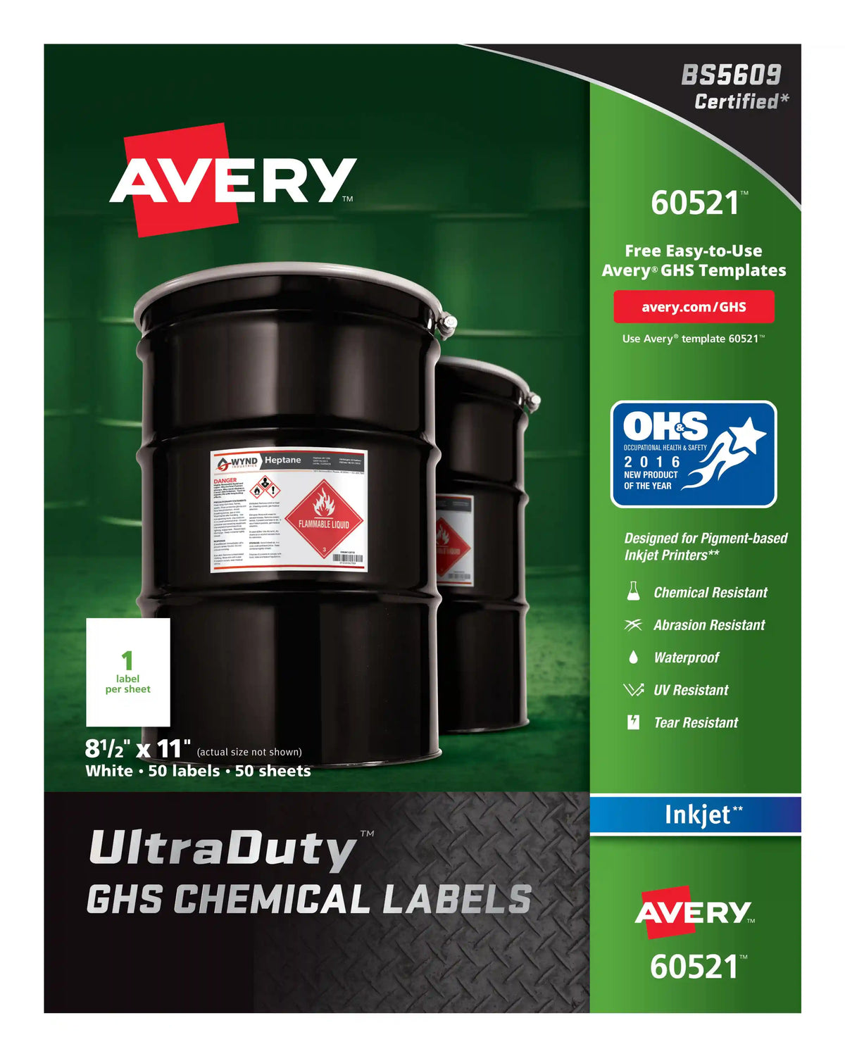 Avery® UltraDuty® GHS Chemical Labels for Pigment Inkjet Printers, Waterproof, UV Resistant, 8-1/2” x 11”, 50 Labels