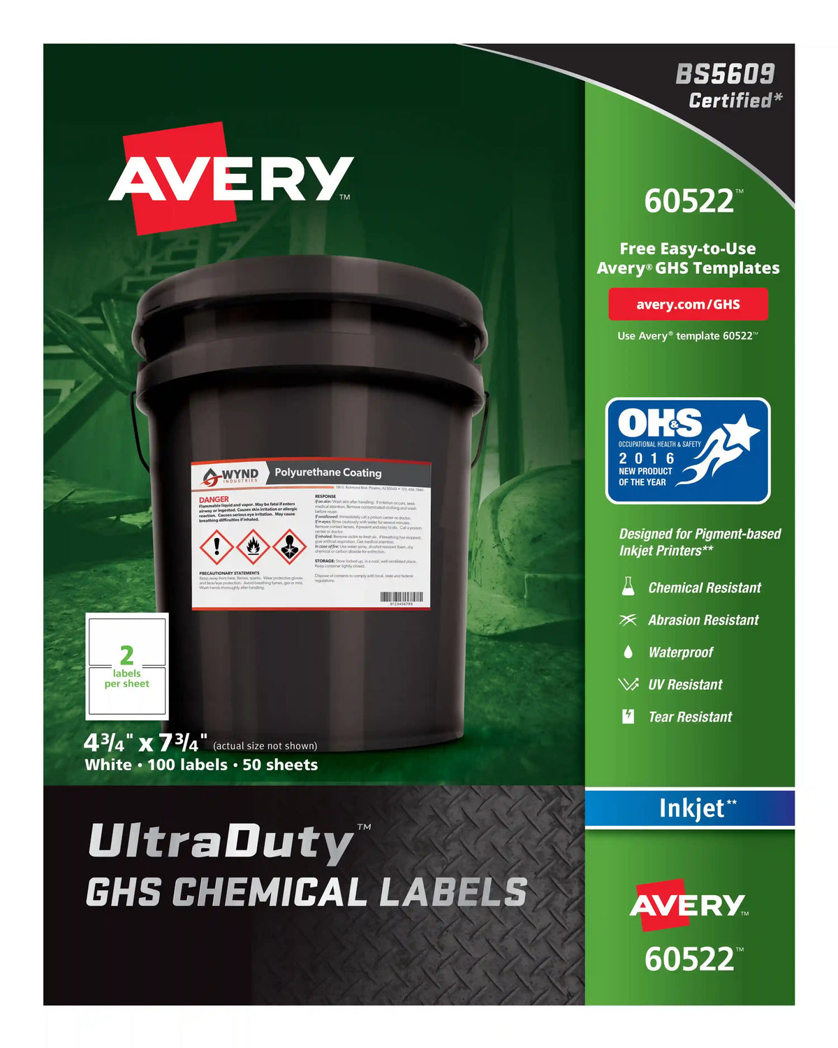 Avery® UltraDuty® GHS Chemical Labels for Pigment Inkjet Printers, Permanent Adhesive, Waterproof, UV Resistant, 4-3/4” x 7-3/4”, 100 Labels