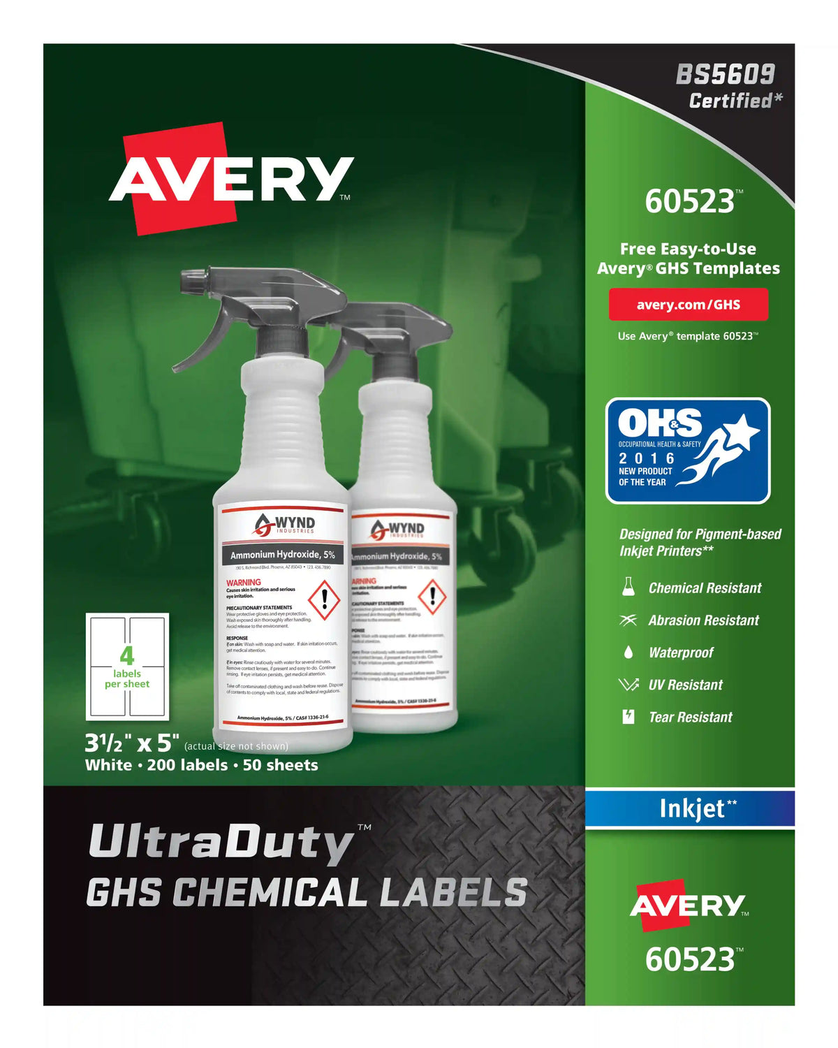 Avery® UltraDuty® GHS Chemical Labels for Pigment Inkjet Printers, Permanent Adhesive, Waterproof, UV Resistant, 3-1/2” x 5”,  200  Labels