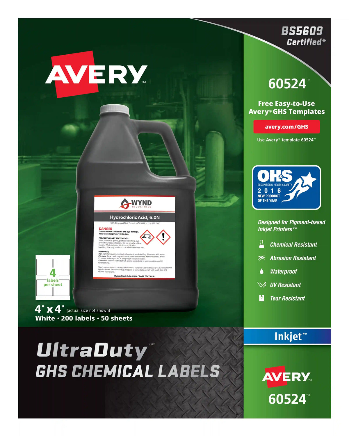 Avery® UltraDuty® GHS Chemical Labels for Pigment Inkjet Printers, Permanent Adhesive, Waterproof, UV Resistant, 4” x 4”,  200  Labels