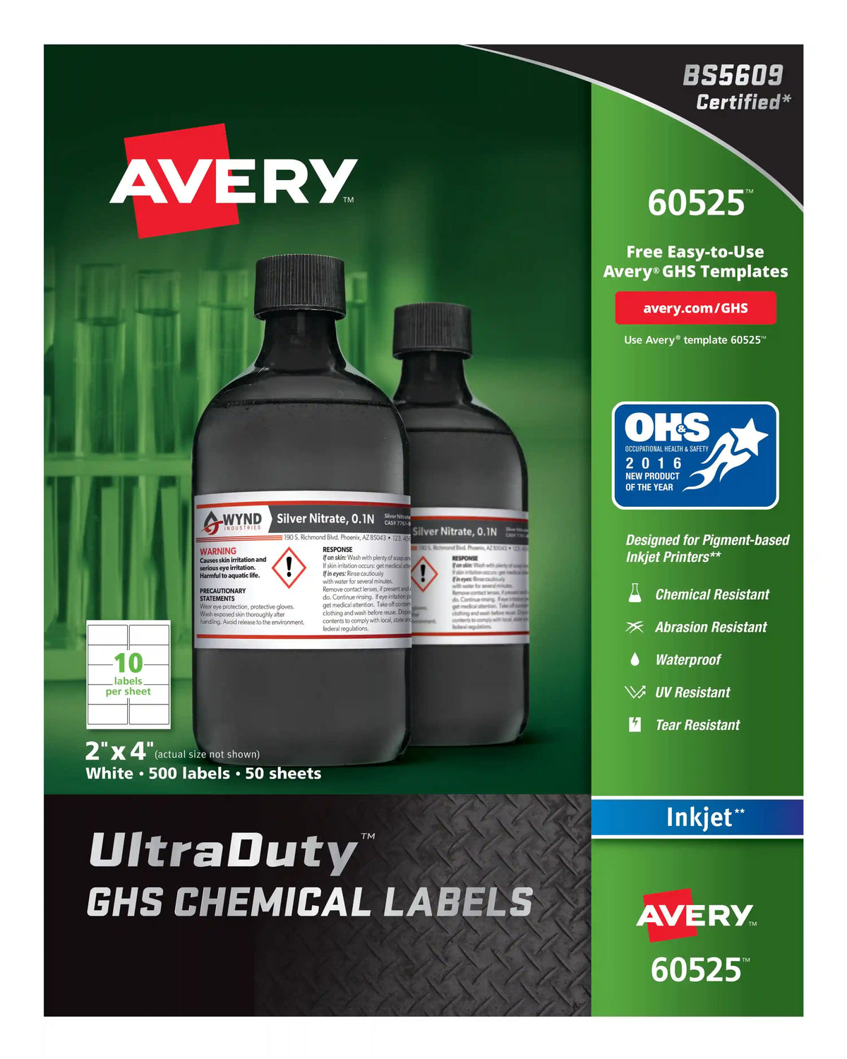 Avery® UltraDuty® GHS Chemical Labels for Pigment Inkjet Printers, Waterproof, UV Resistant, 2” x 4”, 500 Labels