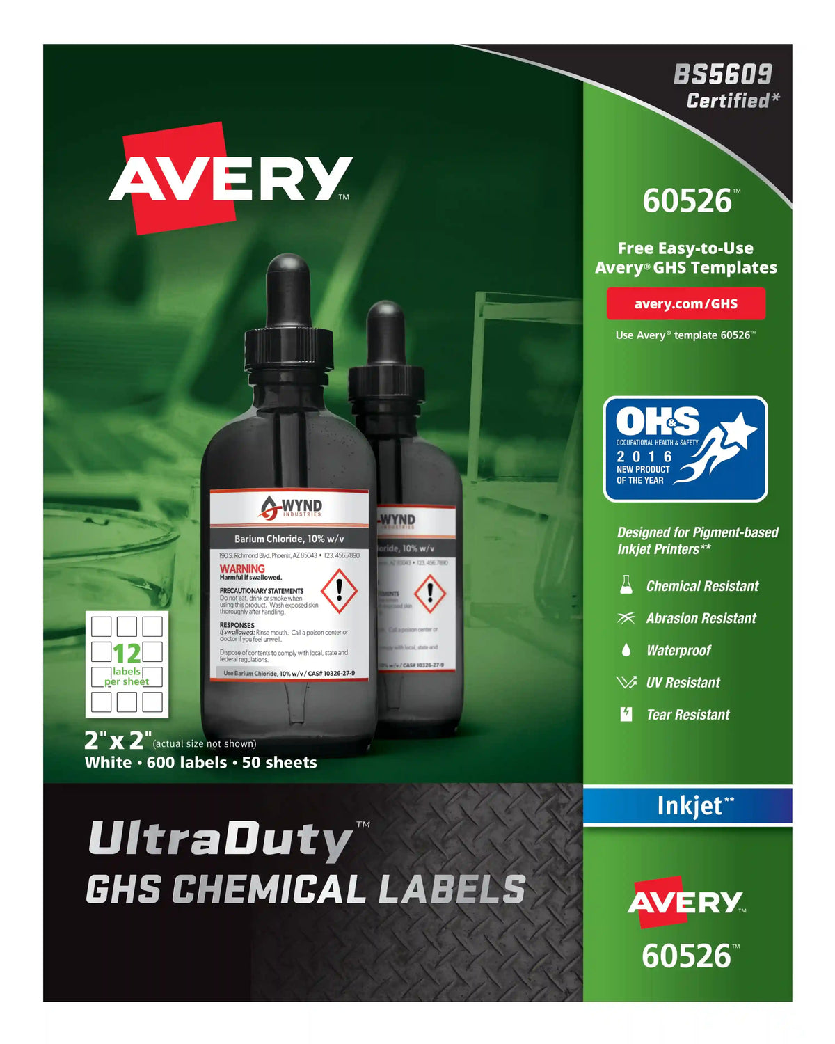 Avery® UltraDuty® GHS Chemical Labels for Pigment Inkjet Printers, Permanent Adhesive, Waterproof, UV Resistant, 2” x 2”, 600 Labels
