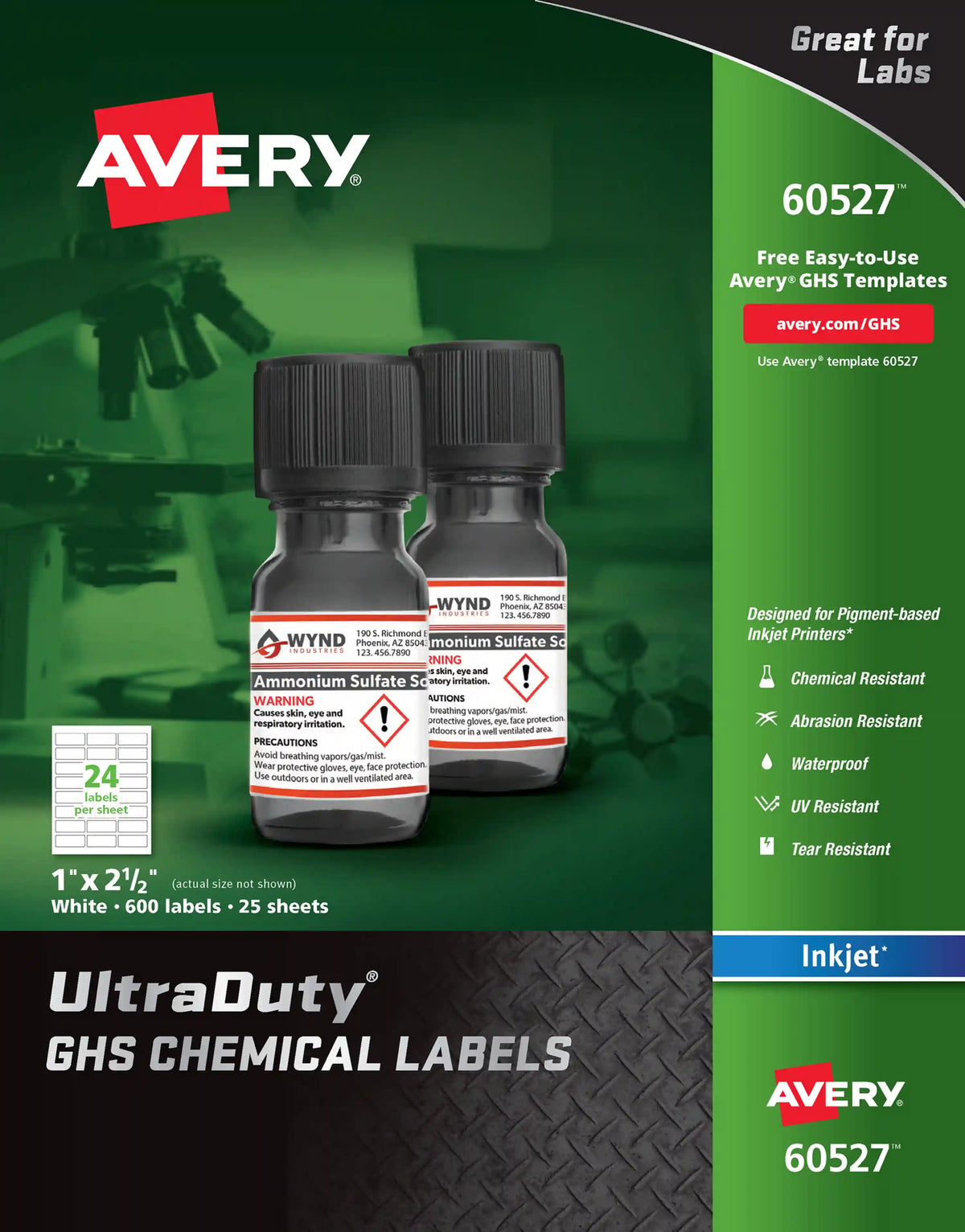 Avery® UltraDuty® GHS Chemical Labels for Pigment Inkjet Printers, Permanent Adhesive, Waterproof, UV Resistant, 1" x 2.5", 600 Labels