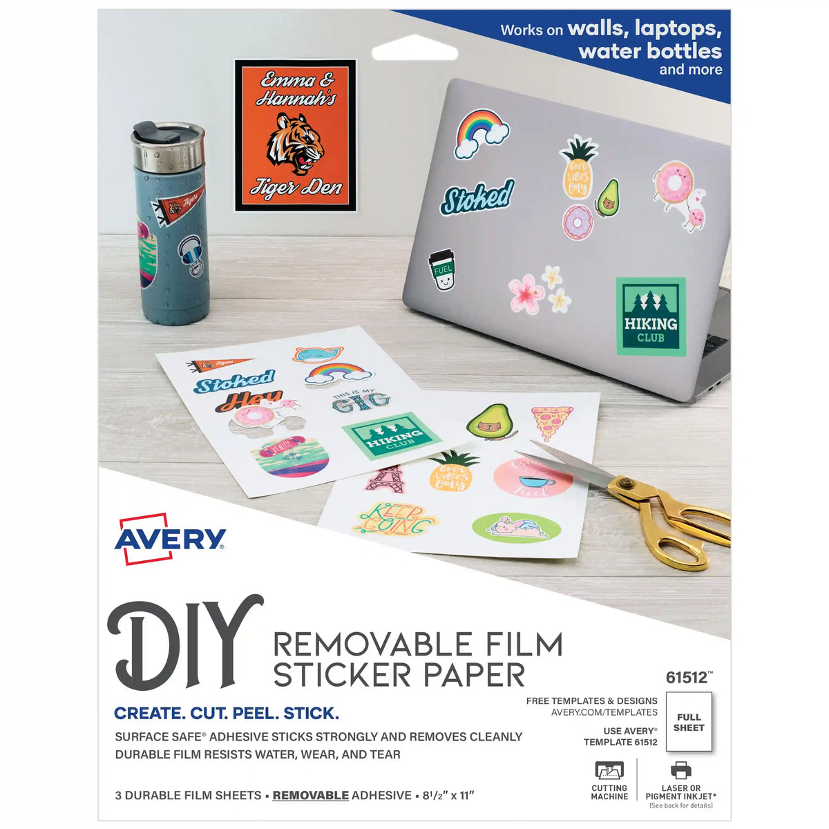 Avery DIY Removable Film Sticker Paper, 8-1/2" x 11", Surface Safe Adhesive, Laser & Pigment-Inkjet, 3 Sheets