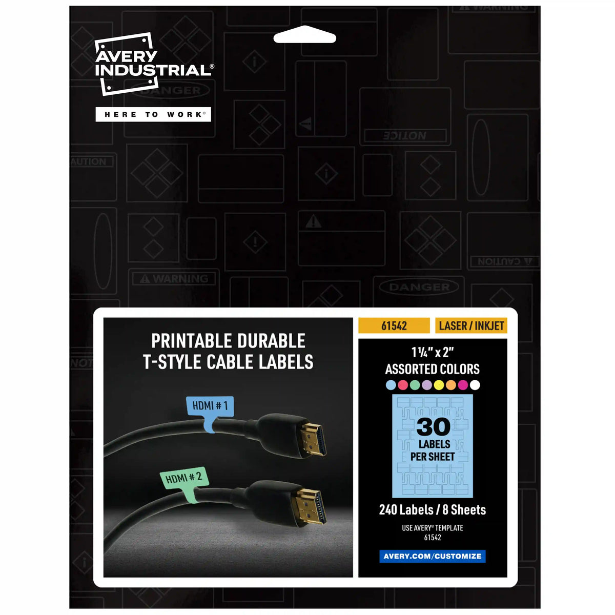 Avery® Cable Labels, T-Style Self-Adhesive Cord Labels, 1.25" x 2",  8 Colors, Tear-Resistant Wire Labels, Laser/Inkjet and Handwrite-Compatible, 240 Wire Marking Labels Total