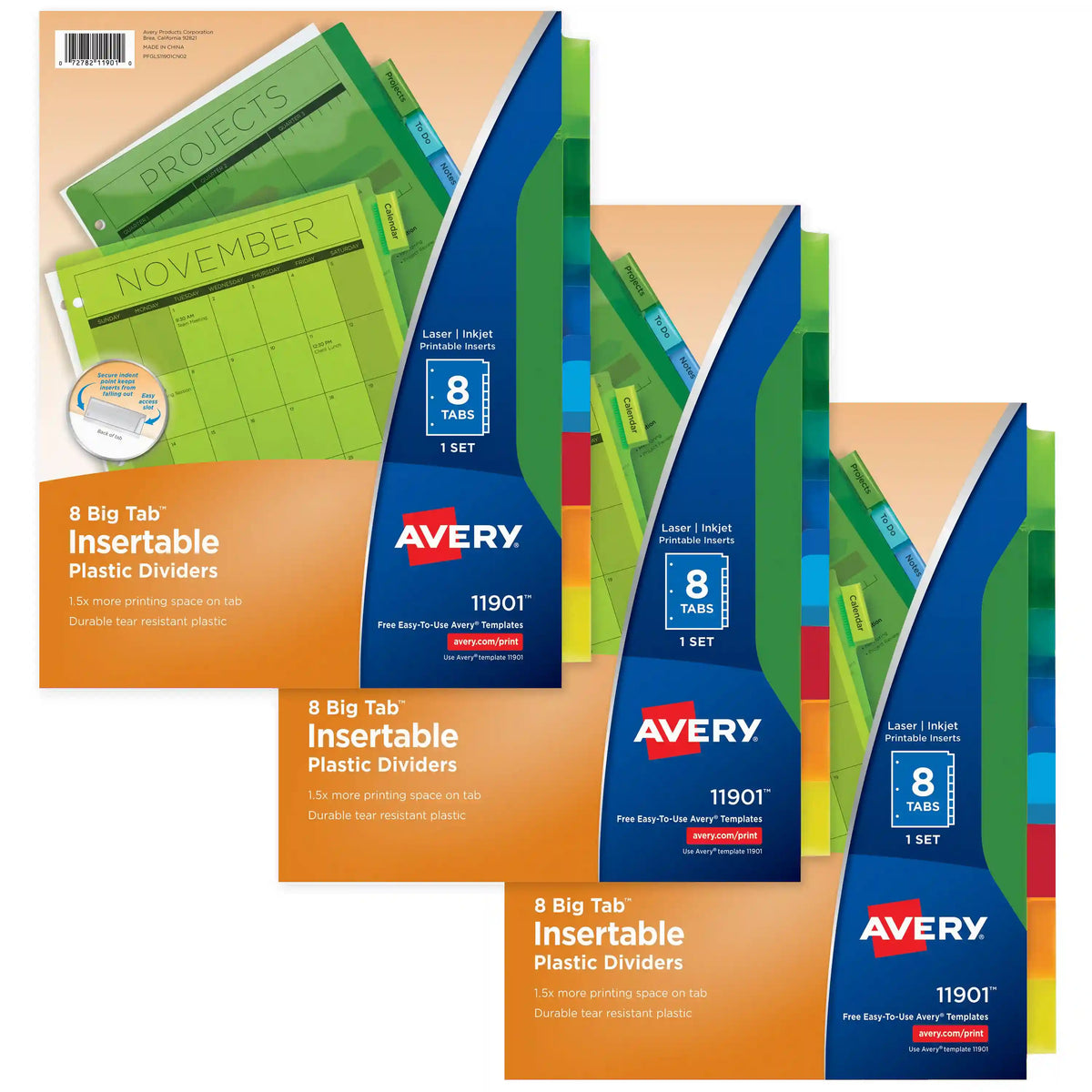 Avery® 8-Tab Binder Dividers, Big Tab™ Insertable Plastic Binder Dividers, Big Tab™, Multicolor, 3 Sets