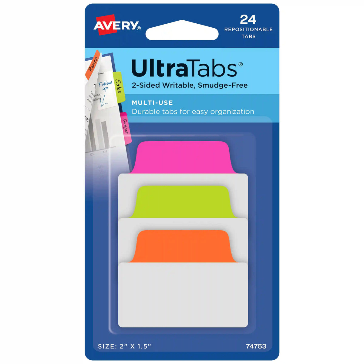 Avery® Ultra Tabs®, Neon Pink/Green/Orange, 2" x 1.5", 24 Repositionable Multiuse Tabs, 2-Side Writable