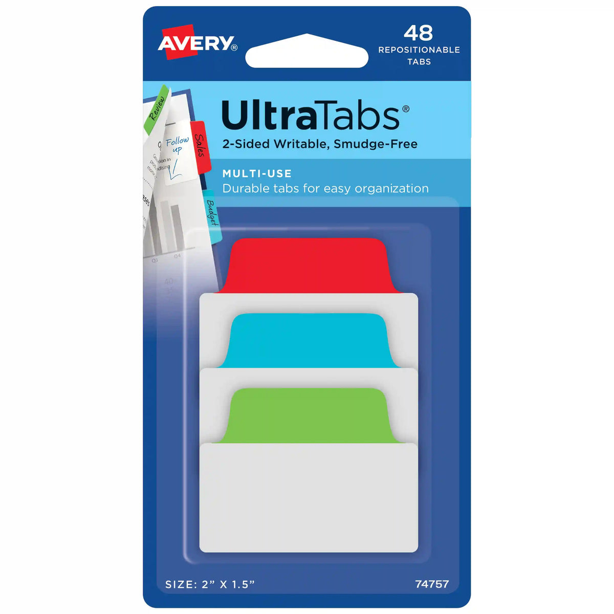 Avery® Ultra Tabs®, Red/Blue/Green, 2" x 1.5", 48 Repositionable Multiuse Tabs, 2-Side Writable