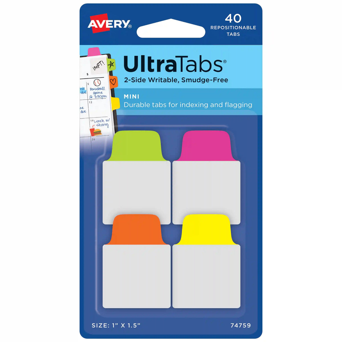 Avery® Ultra Tabs®, Assorted Neon Colors, 1" x 1.5", 40 Repositionable Mini Tabs, 2-Side Writable
