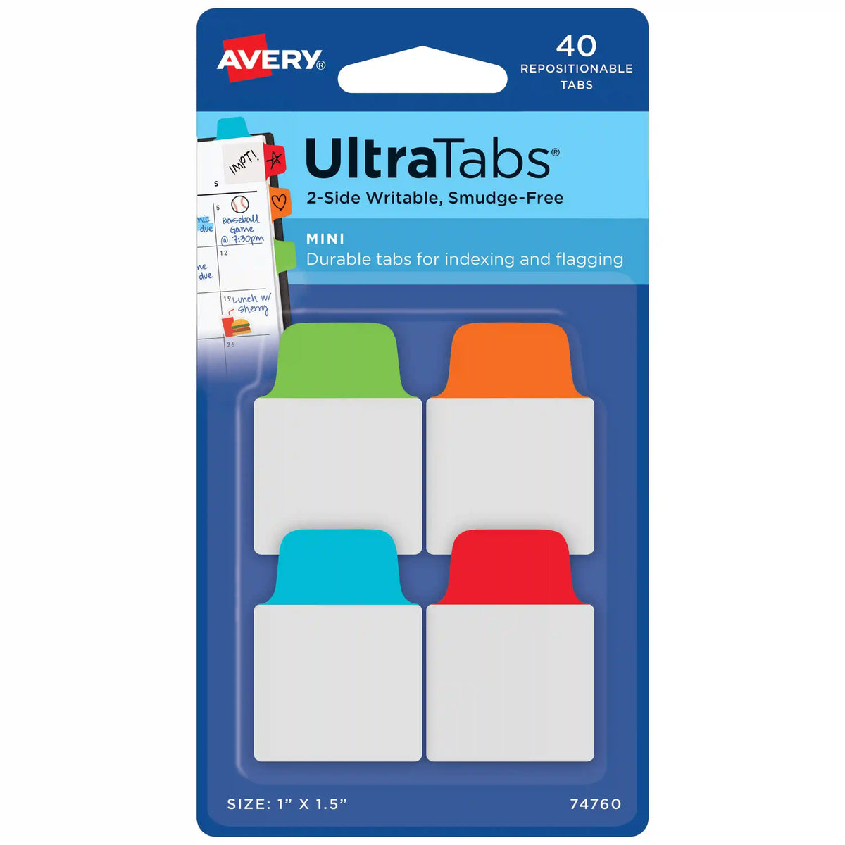 Avery® Ultra Tabs®, Assorted Primary Colors, 1" x 1.5", 40 Repositionable Mini Tabs, 2-Side Writable
