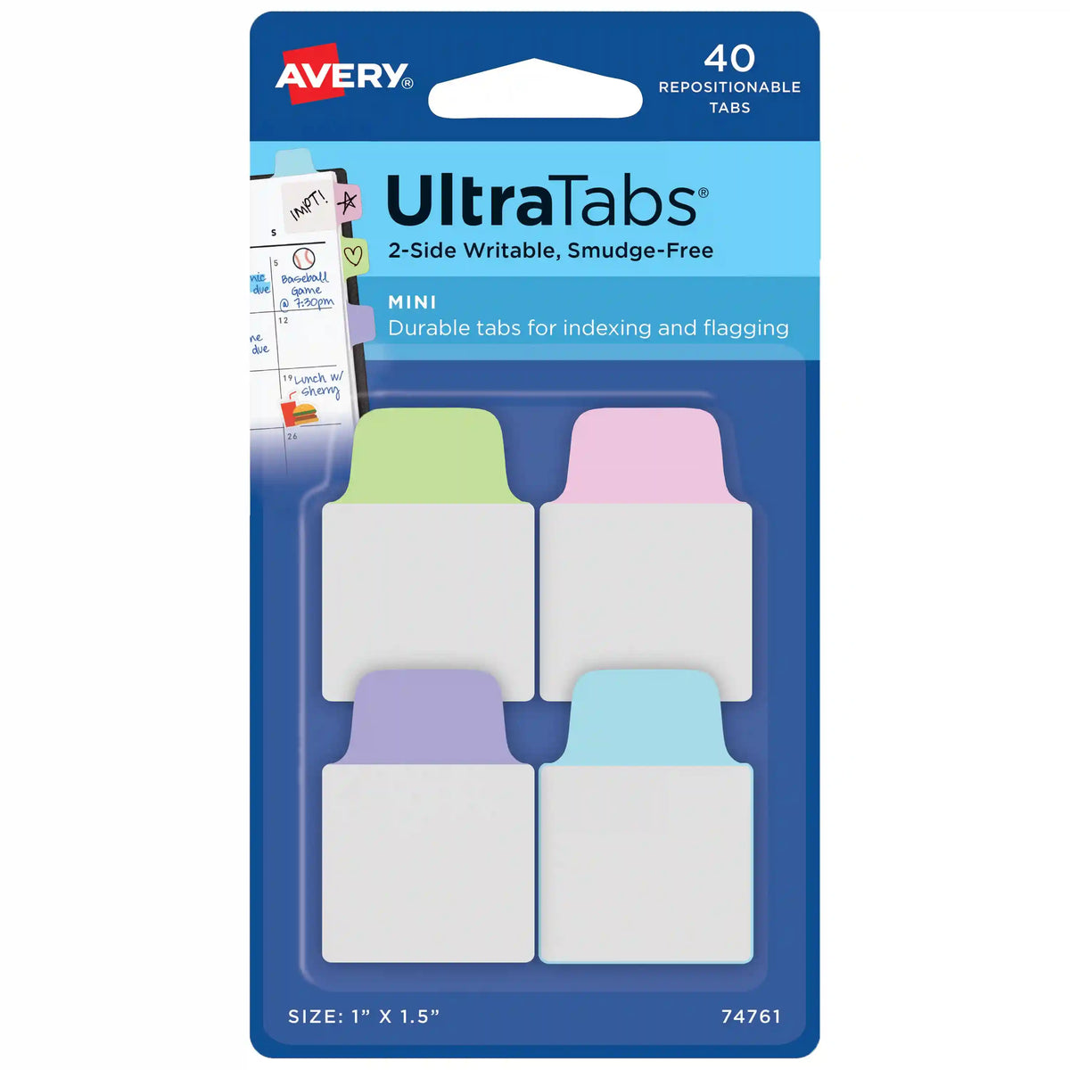 Avery® Ultra Tabs™, Mini Tabs, 1" x 1.5", 2-Side Writable, Assorted Pastel Colors, 40 Self Adhesive Tabs