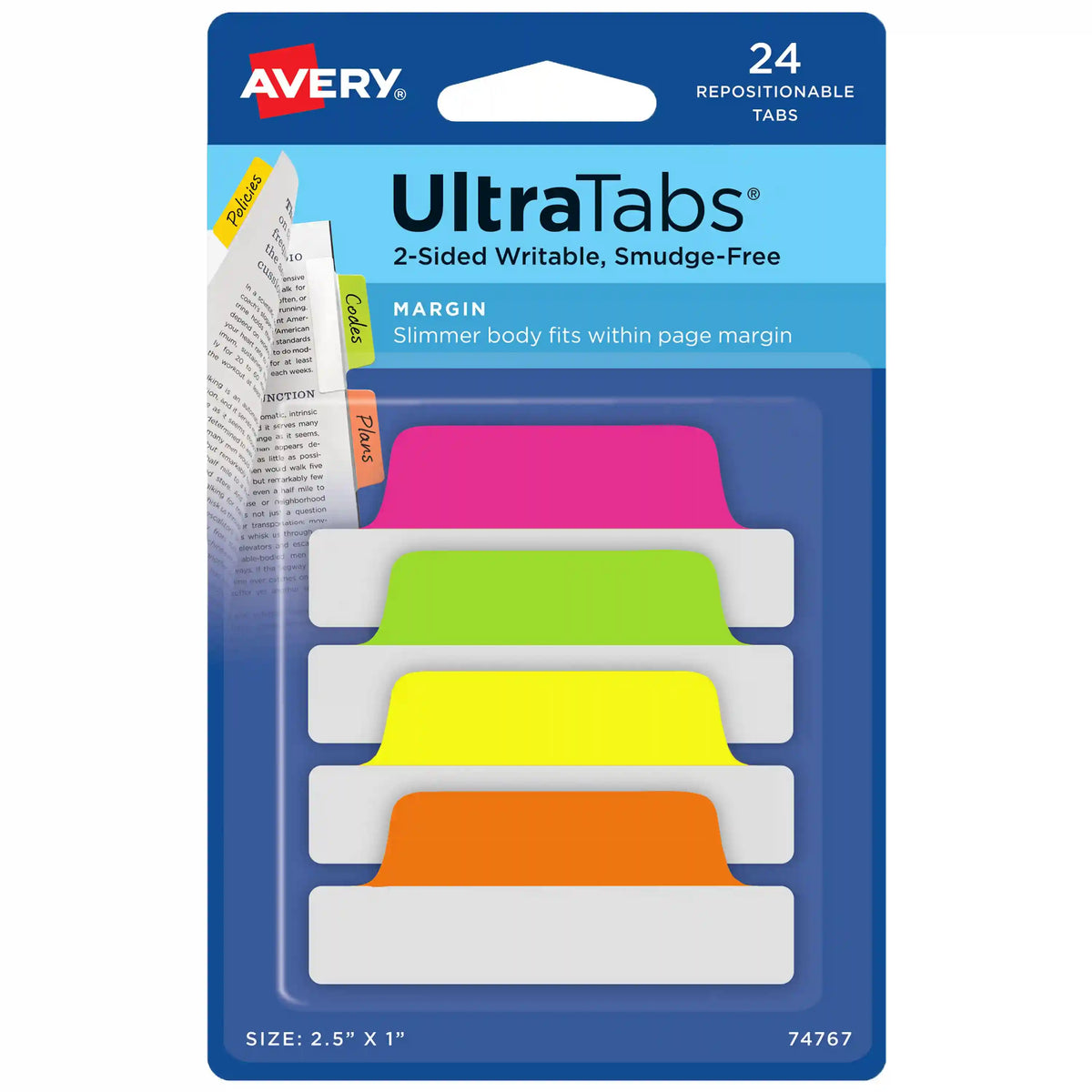 Avery® Ultra Tabs®, Assorted Neon Colors, 2.5" x 1", 24 Repositionable Margin Tabs, 2-Sided Writable