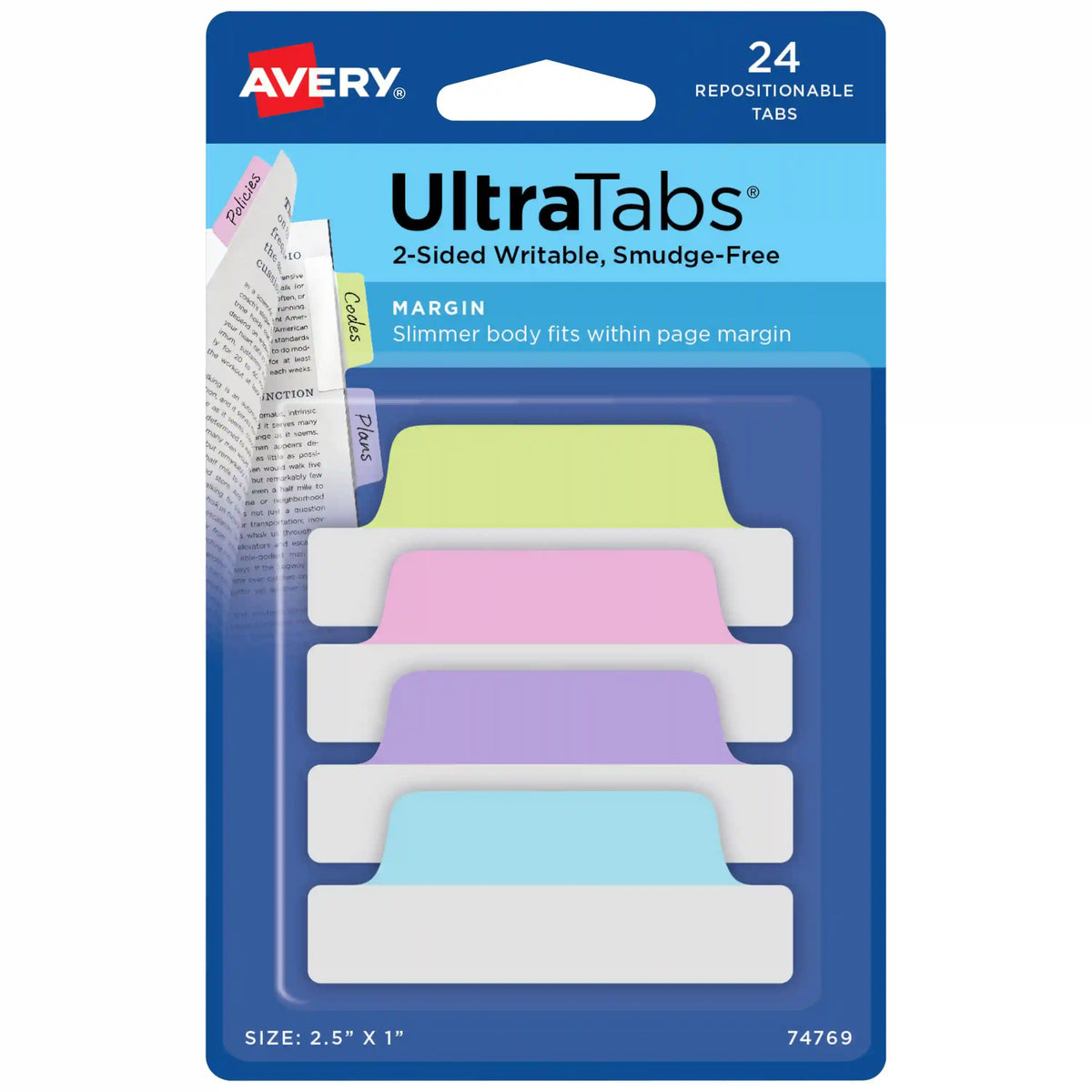 Avery® Ultra Tabs®, Assorted Pastel Colors, 2.5" x 1", 24 Repositionable Margin Tabs, 2-Sided Writable