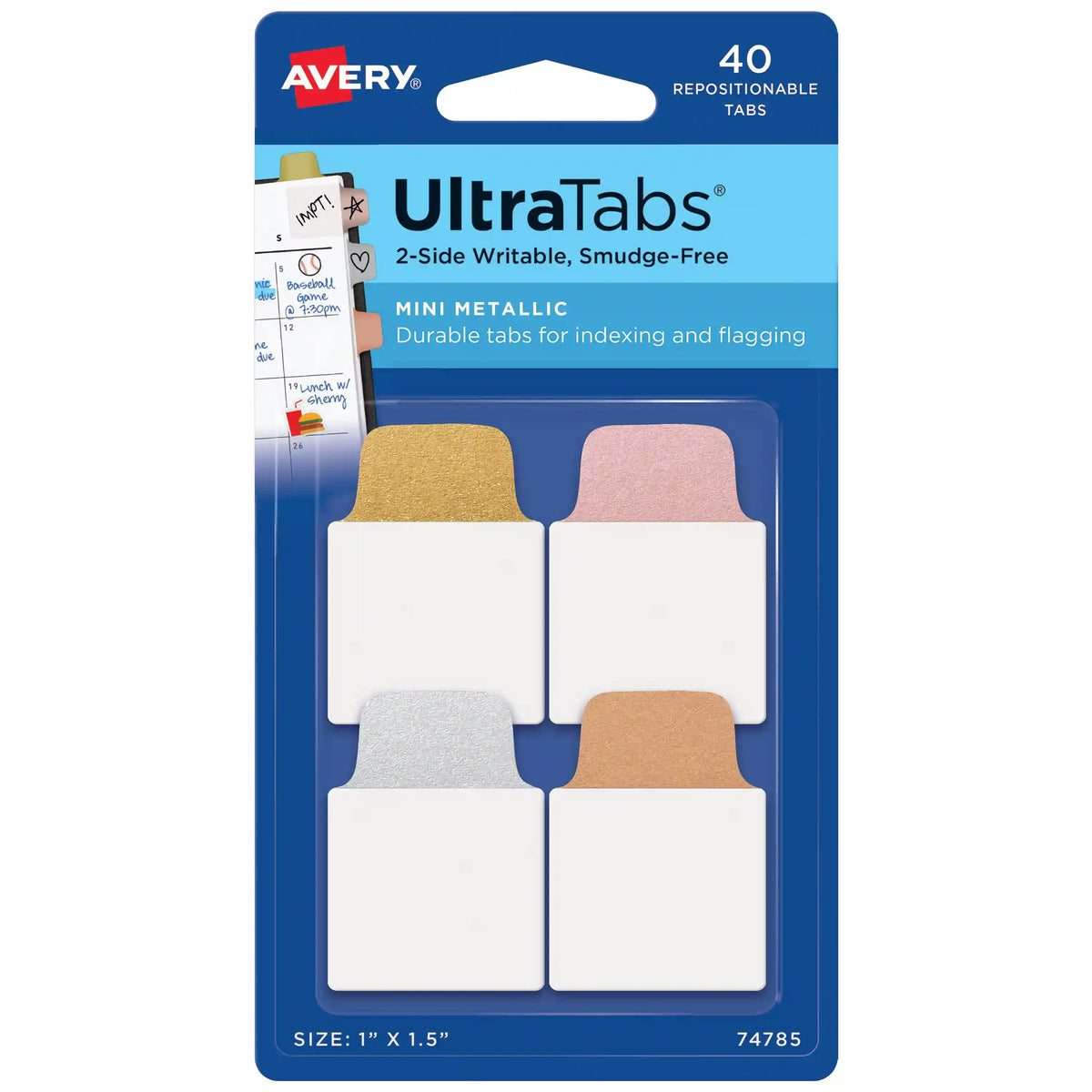 Avery® Ultra Tabs®, Assorted Metallic Colors, 1" x 1.5", 40 Repositionable Mini Tabs, 2-Side Writable