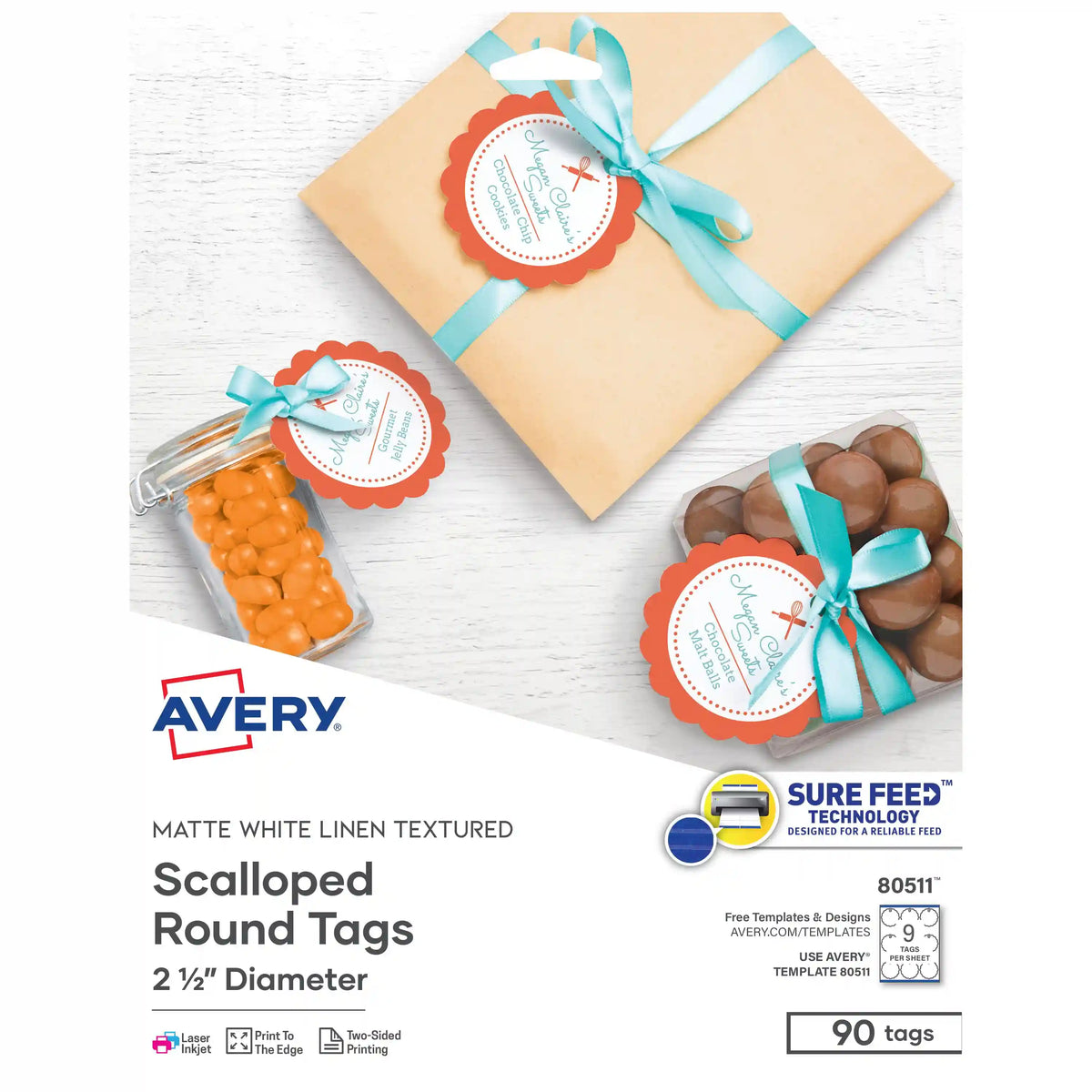 Avery® Scallop Round Tags with Sure Feed, 2-1/2" Diameter, Textured White, 90 Tags