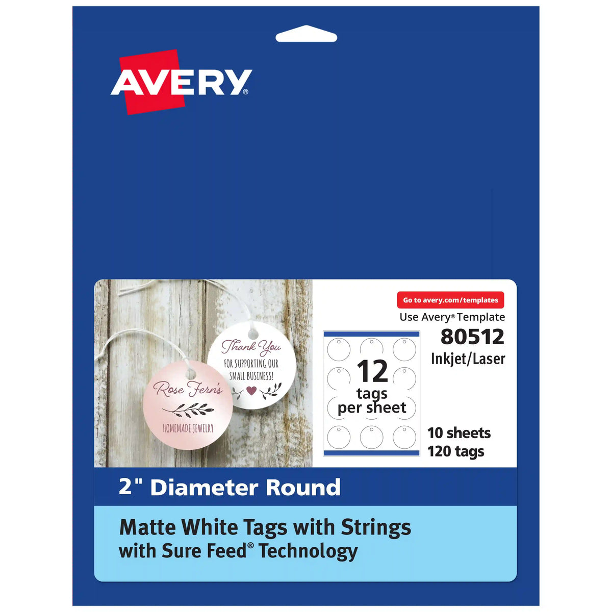 Avery® Round Tags with Sure Feed® Technology, 2" Diameter, Matte White, 120 Round Tags with Strings, Print-to-the-Edge, Laser/Inkjet Printable Tags